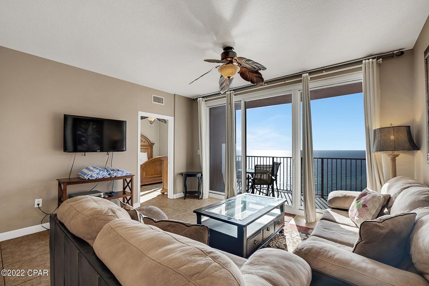 Shores of Panama 2118 is a high floor 2 Bedroom plus bunk ROOM, 2.5 Bathrooms, plus laundry. Unit 2118 conveys fully furnished and rental-ready. This type ''J'' floor plan features the primary bedroom with its windows facing the GULF SIDE! This unit has direct balcony views of the pool, sunset and the turquoise waters of the Gulf of Mexico in Panama City Beach, Florida! Tile flooring throughout, and close proximity to the elevators. Shores of Panama Resort Condominiums are world-renowned for their massive resort-style lagoon pool complete with hot tub and Tiki bars. Other amenities include an indoor heated pool, spa, fitness center, sauna, steam room, and in-resort shopping. All information and HOA Fees are deemed correct, buyers should verify if they are important.