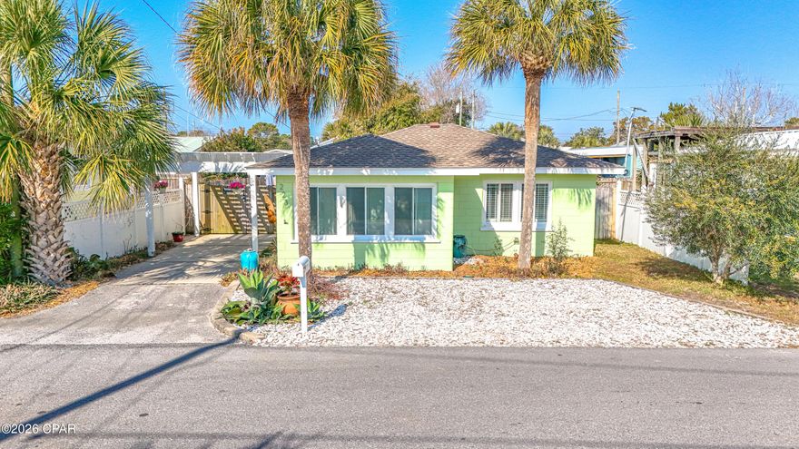 Welcome to 223 Placido Place, a charming beach home tucked away in the desirable Laguna Beach community on the west end of Panama City Beach. Known for its laid back beachy lifestyle, Laguna Beach is more than just a location, it's a way of life! This 2 bedroom, 1 bathroom home offers the perfect blend of comfort, convenience, and beach living. Just two blocks from the dedicated Laguna Beach access, you can have your toes in the sand within minutes. Hop on your golf cart and cruise to the beach, local favorites like Carousel Grocery Store, Thomas Donuts, or enjoy a quick drive to Pier Park, 30A, and endless dining and shopping options. This adorable home is being sold fully furnished, making it an ideal choice for a second home or vacation rental! The area is approved for short term rentals which gives you flexibility and income potential! Outside you will find a great patio space, storage shed and a fully fenced backyard making this home the perfect place for relaxing or entertaining. The property also features a darling Florida room and fruit trees that add to the beachy charm of this coastal cottage.  Whether you are looking to invest, vacation, or live like a local, this Laguna Beach gem offers it all! Come experience the golf cart friendly lifestyle and discover why so many people fall in love with this unique beach community.