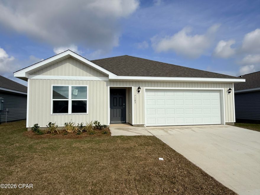 Welcome to the Aldridge, a new home floor plan at Liberty in Panama City, Florida. The Aldridge is one of our one-story floorplans featured in our Liberty community in Panama City, Florida. Featuring a front primary bedroom, 2 car garage, and open living room and kitchen, it is a cozy home designed for the first-time home buyer.

As you enter this 3 bedroom, 2 bath home, you will see 1,293 square feet of spacious, comfortable living. Inside you will see 8' ceilings throughout, engineered vinyl plank flooring throughout the main areas, and soft carpet in the bedrooms. Granite countertops, white cabinetry and a spacious open living room and kitchen make this home perfect for having guests over. The kitchen has a center island that is perfect for serving children and guests, a pantry, white cabinets with soft-close and stainless-steel appliances including a smooth top range, microwave, and dishwasher. Located right next to the dining area, this makes serving meals with ease. The primary bedroom has a spacious walk-in closet and large windows on the front of your home. The primary bathroom and features a double vanity with granite countertops, white cabinets with soft-close, and a shower. The guest bathroom features a single vanity with granite countertops and a shower. Like every home in Liberty, this home comes with Smart-Home technology, using modern advancements to control your new home with ease.

On the outside of your home, you will see durable vinyl siding, a spacious two-car garage with an opener and a fully sodded yard to the property lines. This home comes equipped with dimensional shingles with a limited lifetime warranty, electronic deadbolts on all exterior doors, weatherproof outlets, and hose bibs. Sidewalks line the neighborhood streets for you to enjoy the beautiful Florida weather. Our Liberty community features underground utilities making it less susceptible to damage from severe weather leading to fewer outages and more reliable service. Residents of Liberty can enjoy exclusive access to two amenity centers, complete with two pools, a children's splash pad, two playgrounds for endless fun, a well-equipped fitness center, two pickleball courts and a basketball court to name a few things.

Embrace the lifestyle you deserve where every detail is curated for your ultimate enjoyment. Come and see why the Aldridge is the perfect new home for you. Contact us today to find your home at Liberty!