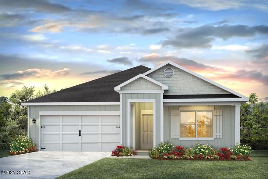 The Cali plan features four bedrooms with one that can be used as a den or office. The kitchen is open and spacious with a center island and includes a pantry, beautifully stained cabinetry, and durable laminate countertops. Bedroom 1 features a private bath with a separate shower and a large soak tub, as well as a spacious walk-in closet. This beautiful home has been constructed with a reinforced concrete foundation with wire mesh and rebar, house wrap barrier and four-sided vinyl. Bridge Harbor is located in eastern Bay County just off of Boat Race Road. This home comes standard with a Smart Home Technology package which includes a KwikSet keyless entry, Skybell doorbell,
automated front porch lighting, an Echo Dot device, and Quolsys touch panel which can be integrated to control your lighting,
thermostat, front door and so much more.
This home is being constructed with the Zip Sheathing system, providing greater protection than a traditional housewrap from
damages due to wind, rain, and extreme weather. A builder 10-year structural warranty is also included.
Pictures may be of similar, but not necessarily of subject property, including exterior and interior colors.
