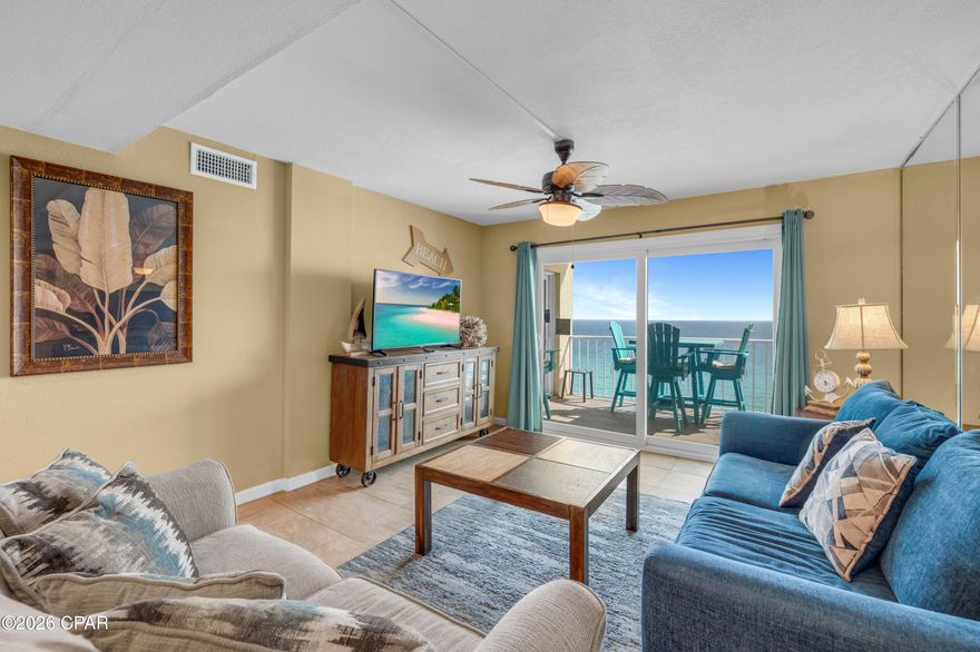 GULF-FACING BALCONY. RENOVATED INTERIOR. TURN-KEY BEACHFRONT CONDO. Regency Towers 1319 is a furnished beachfront condo in Panama City Beach, Florida, with a gulf-facing balcony and westward coastline views over the white sand beaches of PCB. The balcony is set up with high-top Polywood furniture, creating an elevated outdoor space for taking in the Gulf views. Inside, the unit features updated windows and sliding glass doors, consistent tile flooring throughout, and a renovated kitchen centered around natural stone countertops with gold-accent details that make a statement. The kitchen also includes stainless steel appliances, updated cabinetry, and a tiled backsplash. The primary bedroom features a king bed, balcony access, and an ensuite bath with a granite-topped vanity and tiled walk-in shower. The guest bedroom includes a full bed and access to its own bath with a tiled tub/shower combination. Additional sleeping space is available with the living room sleeper sofa, allowing the unit to sleep up to eight guests. Fully furnished and turn-key, Regency Towers 1319 is currently on the Regency Towers on-site rental program. Regency Towers has been a favorite Panama City Beach destination for more than 40 years. Located in the South Lagoon area, the gated beachfront community is minutes from St. Andrews State Park, area attractions, and dining options including Captain Jack's, Schooners, and Patches Pub. Community amenities include 24-hour security, ample parking, two beachfront pools, one seasonally heated, a wading pool, indoor hot tub, owners' lounge, fitness center, game room, picnic area with grills, private beach access by boardwalk, and The Sandbar, a recently remodeled on-site dining option open daily from 11 AM to 6 PM. Recent additions to Panama City Beach, including Dolly Parton's Pirates Voyage Dinner & Show, Topgolf, McGuire's Irish Pub, and Tootsie's Orchid Lounge, continue to add to the area's appeal for visitors, owners, and rental guests. All information is deemed reliable but should be verified by the buyer if important. Pets are not permitted except for verified service animals or emotional support animals.