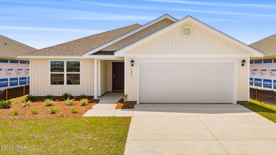 Welcome to the Lismore, a new home floor plan located at Liberty in Panama City, Florida. The Lismore is thoughtfully designed 3-bedroom, 2 bathroom, one-story home with 1.580 square feet of modern living. On the outside of your home, you will see durable vinyl siding, a spacious two-car garage with an opener and a fully sodded yard to the property lines. This home comes equipped with dimensional shingles with a limited lifetime warranty, electronic deadbolts on all exterior doors, weatherproof outlets, and hose bibs. Sidewalks line the neighborhood streets for you to enjoy the beautiful Florida weather at Liberty. Inside you will see 8' ceilings throughout, engineered vinyl plank flooring throughout the home and carpet in the bedrooms. The front bedrooms, bathroom, and garage are close to the front door and welcome you into an open living room and kitchen, perfect for having guests over. Granite countertops, white cabinetry with soft-close are in the kitchen and bathrooms, and the kitchen island make hosting or serving dinner at the bar a breeze. Complete with a pantry, and stainless-steel appliances including smooth top range, microwave, and dishwasher means your kitchen is fully equipped. The living room has plenty of windows for natural lighting and leads right to the back door. Each bedroom comes with soft carpet floors and spacious closets. The Primary Bedroom features a bathroom with a detached shower and double vanity with granite countertops. The walk-in closet is adjacent to the bathroom, meaning more space in your bedroom. As with all the homes in Liberty, your home is outfitted with the latest Smart Home technology allowing you to manage your home right from your phone, making your comfort easy and exceptional. Our Liberty community features underground utilities making it less susceptible to damage from severe weather leading to fewer outages and more reliable service. Residents of Liberty can enjoy exclusive access to two amenity centers, complete with two pools, a children's splash pad, two playgrounds for endless fun, a well-equipped gym, poker room, yoga room, two pickle ball courts, basketball court, and a well-equipped fitness center. Embrace the lifestyle you deserve where every detail is curated for your ultimate enjoyment.