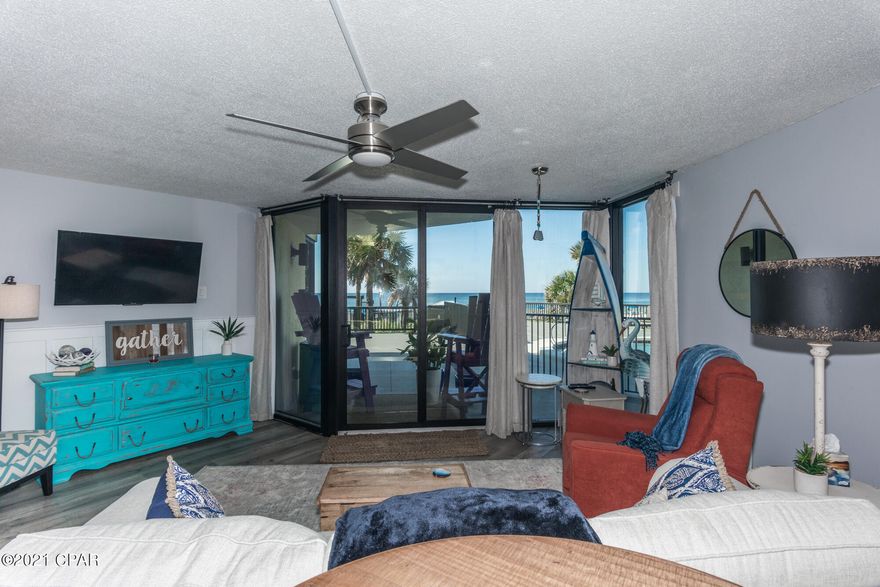 CURRENTLY UNDER CONTRACT, SELLER ACCEPTING BACKUP OFFERS Best location in all of Sunbird!  This beautifully remodeled and decorated, ground floor condo in Sunbird is perfect as a rental, second home, or primary residence.  So convenient to walk right out to one of the 3 Gulf front pools or take dinner to the grilling area with no waiting for elevators.  Easy access to the beautiful beaches and emerald green waters.  Enjoy views of the dolphins playing in the Gulf from your patio or living area.  



This condo features all new furnishings, LVP flooring throughout, and beautiful wood wainscoting details.  The kitchen has kitchen granite countertops, tile backsplash and lots of storage.  The bathroom has been updated with a new shower and cabinet with a granite countertop. The bedroom features custom built-in bedside tables and light fixtures.

Recent exterior renovations at Sunbird include Trex decking, roof, paint, grills, and high impact windows and doors; making this resort feel brand new! The one of three pools is heated, and located just outside this unit.  Sunbird features an exercise room, tennis courts, and a laundry facility very conveniently located close to this condo.  Easy walk to restaurants and very conveniently located in PCB.  

Owner never used as a rental, but could be if desired. Truly a hidden gem!!   

All information and measurements deemed to be accurate but buyer should confirm if important.