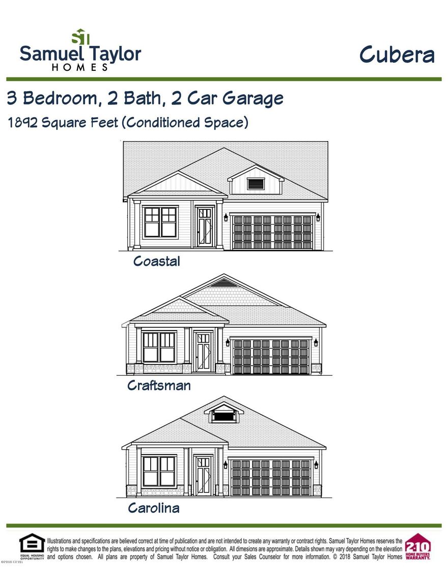 This home features the Cubera floor plan with Carolina elevations. 

Cubera 1,892 3 Bed, 2 Baths, Dining/Study, 2-Car Garage. Excellent opportunity to be in the hottest community on the Beach. WALK TO SCHOOL! Top rated Breakfast Point Academy next to the entrance of this lovely master planned community. LOCATION! Groceries, dining and shopping all within a golf cart drive & only 5 miles from Pier Park. Samuel Taylor homes are truly one of the best constructed homes in Bay County. We build our homes with 2x6 exterior studs vs other builders using 2x4's. Not only is it a stronger home, but this also allows us to put R-19 in the walls instead of R-13.  We also use R-38 in our ceilings vs R-30 like most builders. We insulate most of the interior walls to make a very quiet home. SS appliance package is standard along with brushed nickel faucets, security system, 8 ft. doors throughout, granite counters in kitchen and baths, raised vanities with under mounted porcelain sinks, oversized tiles, upgraded carpet with 8 lb. padding and much more.