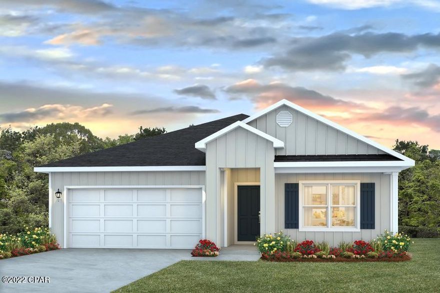 Up to $10,000 in Closing Costs with executed contract with financing provided by DHIM - Must contract by 5/31 and close by 6/27/2022 - The Cali plan features four bedrooms with one that can be used as a den or office. It features sheet vinyl floors. The kitchen is open and spacious with a center island and includes a pantry, beautiful white cabinetry, vinyl flooring throughout with carpet in bedrooms. Bedroom 1 features a private bath with a separate shower and a large soak tub, as well as a spacious walk-in closet. The kitchen features a center island with breakfast/dining area and is open to the large living area. Standard appliances include a stove, microwave and dishwasher. Bridge Harbor is located in eastern Bay County just off of Boat Race Road A standard Smart Home package includes a KwikSet keyless entry, Skybell doorbell, automated front porch lighting, an Echo Dot device, and Quolsys touch panel which can be integrated to control your lighting, thermostat, front door and so much more.

Pictures, photographs, floor plans, elevations, features, colors and sizes are approximate for illustration purposes only and will vary from the homes as built. Home and community information including pricing, included features, terms, availability and amenities are subject to change and prior sale at any time without notice or obligation. For Move-In/Completion Estimates: Ready dates are estimates only. Timing of completion of construction and buyer move-in are subject to contingencies contained in home purchase agreement and governing jurisdictions issuance of a certificate of occupancy, and may change due to forces majeures and other delays or disruptions outside the reasonable control of the Builder.

A builder 10 year structural warranty is also included.