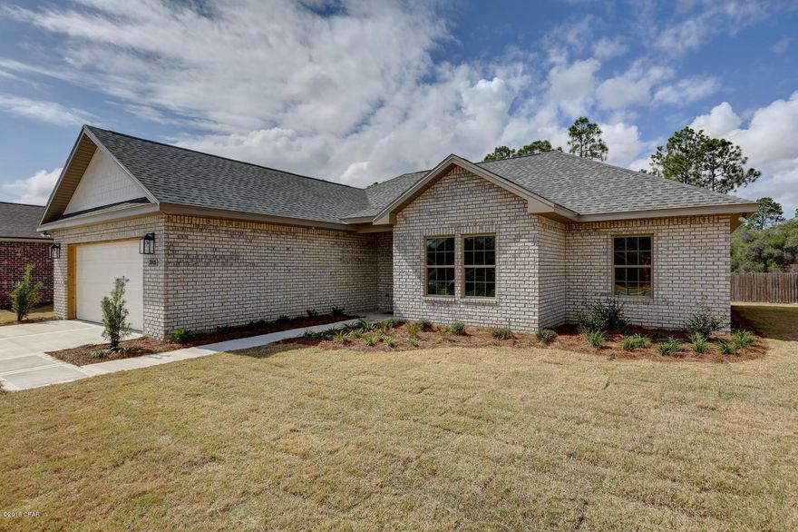 NEW CONSTRUCTION-CEDAR PARK PC-4/2.5 or 3/2.5 w/ office-Offering easy access to greater Panama City, Panama City Beach and TAFB! All brick home offers Great Room with 10 ft ceilings, dining room, kitchen with island, granite counters and stainless appliances, master suite with tray ceiling, double vanity, separate shower and tub, walk-in closet. Other interior features include tile flooring, recessed lighting, custom cabinetry, distinctive lighting fixtures and upgraded ceiling fans.Exterior includes brick siding,2 car garage,covered porch and sprinkler system.Cedar Park features landscaped entrance and park area,underground utilities,custom street lighting and sidewalks.All listing info should be verified-This Southern Coastal home features a separate irrigation water meter