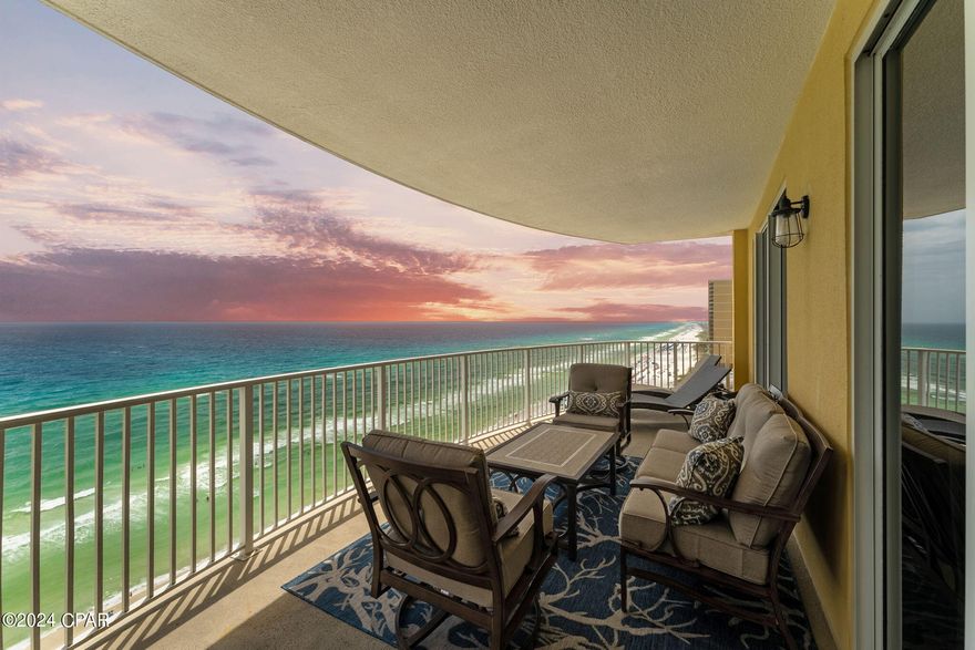 Discover your slice of paradise with our luxurious Gulf-front Vacation Rental Condo! Nestled on the 15th floor along the pristine west end of Panama City Beach, this elegant end unit presents amazing Sunset views in all directions

Over $30,000 of updates in the past 12 months. New Updates in 2023 include new quartz counter tops, backsplash, ceiling fans, light fixtures, bathroom fixtures, new linens, furniture, Polywood patio furniture on the balcony and more. Also included is front row beach chairs purchased for 2024 

Spectacular Gulf Views: Wake up to awe-inspiring sunrises across the white sands and emerald waters. Enjoy the stunning vista from the privacy of your extensive 272-sq.-ft. curved balcony as you watch dolphins frolic in the surf.

Open Floor Plan Living: Maximizing space and light, the condo flows seamlessly from the bright, inviting sitting area, through the formal dining space and into the sophisticated kitchen finished with stunning granite atop fresh white cabinets.

Exclusive Comforts: With two beautifully adorned bedrooms and modern bathrooms, find solace and rest after a day of beachside adventures.

Fully Furnished & Move-In Ready: Step into a turnkey beachfront lifestyle complete with an array of amenities tailored for absolute relaxation and pleasure, including dedicated beach valet chairs for the upcoming season.

Emerald Isle Exclusives: Elevate your living experience with access to two pools (including one heated for year-round enjoyment), a hot tub, sauna, high-end fitness room, grilling areas, tranquil butterfly garden, and the assurance of gated security.

Convenience and Entertainment: Benefit from the covered parking garage, swift sky bridge access, and proximity to local hotspots like Mike's Oyster Bar, Pier Park attractions, and the enchanting shopping and dining avenues of 30A.

Investment Opportunity: This unit is being ran as a short-term rental and fully turnkey for your investment. 
Indulge in the luxury and serenity of coastal living with this impeccable vacation rental condo. Whether you seek a personal retreat or an investment rich with returns, this exquisite property is a rare jewel waiting to be claimed. Visit our website or contact us directly to schedule a viewing or for more information.

Embrace the beach life you've always dreamed of - your future awaits at our remarkable Gulf-front Vacation Rental Condo.