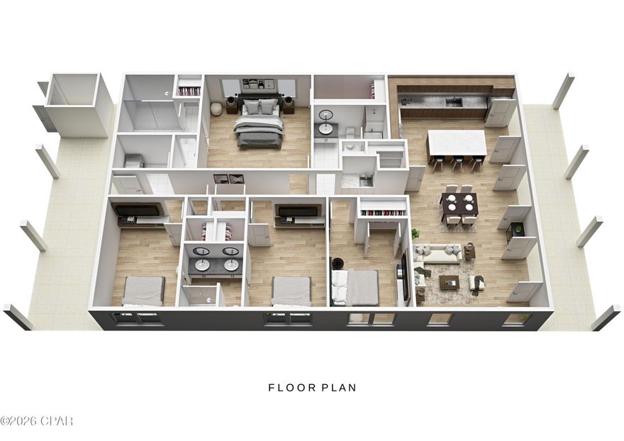 New construction coastal retreat in the heart of Panama City Beach offering 4 bedrooms, 3 full baths, and nearly 2,000 square feet of thoughtfully designed living space. This split-bedroom floor plan was created with both everyday comfort and vacation living in mind.

The open-concept kitchen, dining, and living area flows seamlessly onto expansive covered porches totaling approximately 630 square feet—perfect for enjoying coastal breezes, morning coffee, or evening gatherings after a day at the beach. The spacious primary suite features a private bath and generous walk-in closet, while three additional bedrooms provide flexibility for guests, family, or rental accommodations.

Outdoor living truly shines with a private pool, outdoor shower, and dedicated pool equipment vault. The 50' x 107' lot offers excellent space while maintaining low-maintenance appeal—ideal for full-time residents, second-home owners, or short-term rental investors.

With 1,947 square feet of heated and cooled space and 2,577 total under roof, this home delivers the layout buyers are looking for in Panama City Beach. Located just minutes from the Gulf of Mexico, Pier Park, dining, shopping, and entertainment, this property combines location, functionality, and coastal charm in one beautiful package.