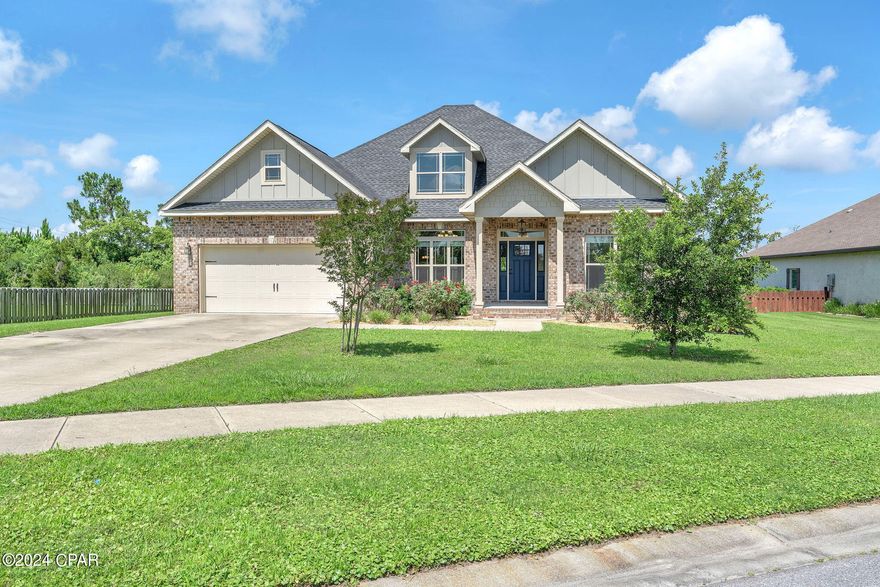 Lease this beautiful home located in the The Meadows subdivision. This 4 bedroom/3 bath home offers a spacious floor plan is with a trey ceiling with recessed lighting in the great room and a custom coffered ceiling in the formal dining room.  Laminate wood flooring is installed throughout the home except in the Jack and Jill Bedrooms, which feature upgraded carpet that was just professionally cleaned. All 3 bathrooms and the laundry room are finished with tile. This energy efficient home includes a tankless water heater and a free-standing gas range. The kitchen is open to the main living. The owners suite is situated off the living room and includes an en suite with double vanities, walk-in closet, soaker tub, and a separate tiled shower. There is also an exit to the covered porch. The rear covered porch leads to a paver patio overlooking the 17th fairway of Nature Walk golf course. This home is complete with a 2 car garage with an oversized driveway for parking