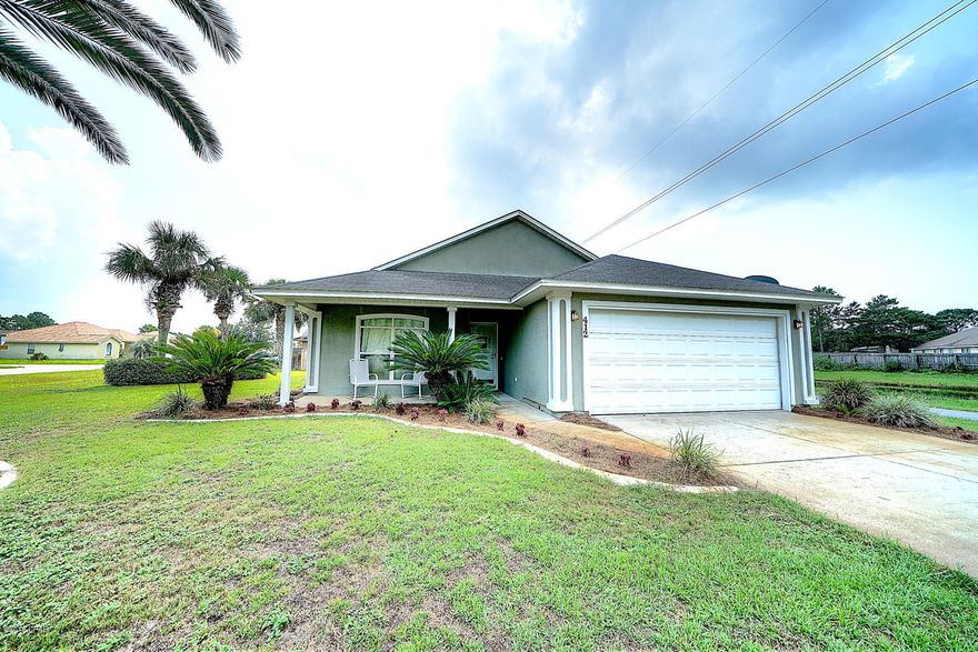 412 Brady Way, Panama City Beach, FL 32408 This well maintained open floor plan home in in a neighborhood that sports a walking/bike trail and is quick commute to Navy base and the rest of the beach areas.  Tile floors throughout.  Two bedrooms are connected via ''Jack & Jill'' bath.  The master bedroom is split from the smaller bedrooms and has a walk in closet.  The living/dining room is open and well lit by many windows.  The yard is big enough for pets and children.  Privacy fenced around the backyard creates a private retreat.  Accent lighting along the vaulted ceiling is a nice touch. The laundry room has a direct door to the yard. The walking and bike path gives you a direct connection to Patronis Elementary so you can walk your kids to school avoiding the school traffic jam.                                                        Square footage is from public records. Room sizes should be verified by buyer if relevant. Yard size according to public records. Survey needed for exact size