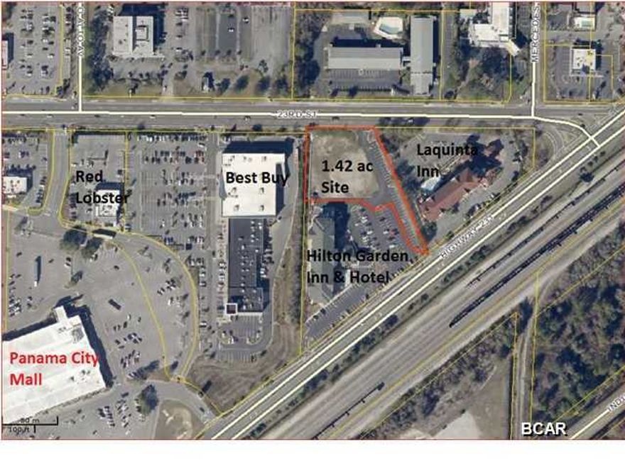 GREAT READY TO BUILD SITE WITH CURBING ALL UTILITIES AND WOULD MAKE A GREAT RESTAURANT SITE WITH HIGH VISIBILITY JUST BEHIND BEST BUY AND NEXT TO MALL. This site has easy access and high visibility from 23rd Street and Highway 231. This is a pad ready 1.41 acres site adjacent to the Hilton Garden Inn Hotel. The site was engineered and permitted by Panhandle Engineering, Inc.. Driveway connections to 23rd Street and Highway 231 are in place and paved. A portion of the parking has been paved. Underground common-shared storm water retention is in place. Water and sewer lines have been extended and are on site. The site is permitted for up to an 8,000 square feet restaurant and 80 parking spaces. The driveway connections to 23rd Street and Highway 231, the storm water retention area and  the water and sewer are to be shared and in common with the adjacent Hilton Garden Inn. The traffic count on 23rd Street is 16,200 (2008 F.D.O.T.). The traffic count on Highway 231 is 18,700 (2008 F.D.O.T.). The traffic count on Highway 231 north of the 23rd street intersection is 30,500 (2008 F.D.O.T.) The site is located in the highest commercial area of Panama City and is surrounded and near all major retailers, restaurants and 1,200 hotel rooms (15 hotels). The site is restricted from use as a hotel. Survey available, . Buyer to verify any and all soils, compaction, backfill, etc with their own independent contractors. Seller and broker make no warranties expressed or implied.