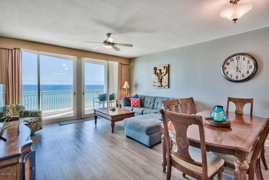 Sold fully furnished and rental ready! Once inside the door of this 2 bedroom, 2 bathroom + BUNK ROOM, you will find an upgraded kitchen and newly laid floors. The spacious balcony offers spectacular views of the Gulf of Mexico. Quality construction and workmanship throughout this complex. Waterfront workout room has plenty of exercise equipment, steam room and showers! Relax in the owners lounge which has plenty of room great for meetings or private parties. Outside amenities include two pools, one is heated and partially inside for swimmming on cold & rainy days. Poolside lounge and cafe with wifi hotspots. Walking distance to Pier Park, Gulf World Marine Park, Restaurants and other gift shops. All data and dimensions to be verified by buyer.