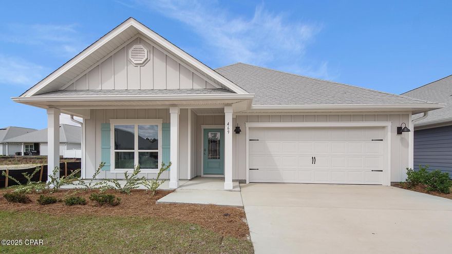 Bayside at Ward Creek is at the heart of Panama City Beach, accessible by sidewalk to Pier Park, Frank Brown Park, and the Conservation Park with the Gulf of Mexico less than 3 miles away. | The Rhett floorplan is a one-story, four-bedroom, two-bathroom home with over 1,700 square feet of living space. All three guest bedrooms are locate in front of the home. The kitchen is towards the center of the home that features white cabinets and granite counter tops with large center island that opens up to the dining area and living room. The primary bedroom is split from the three  guest bedrooms. The primary bathroom has a standing shower as well as a full soaker tub, double vanity sinks, and a large walk-in closet.