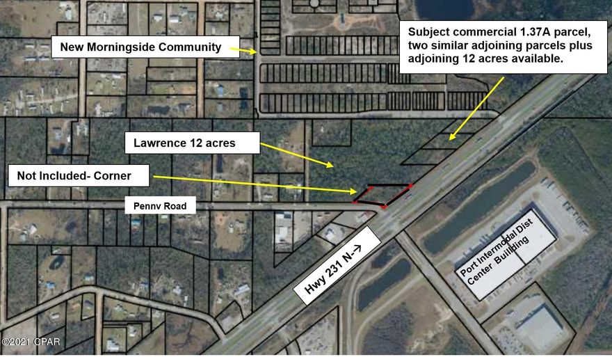 Remarks: Outstanding corner across from the intermodal distribution center on Hwy 231 at the corner of Morningside Drive, residential subdivision. Traffic County 27,500 AADT January 2020 and growing! This is one of three parcels of equal size adjoining, totaling 600 feet and 4.1 acres available until one of these parcels is sold. Owner has cleared, added fill to make the property shovel ready. County GIS shows elevation 55-60 feet above sea level. These parcels are not shown as a flood hazard area on FEMA maps. Exactly 10 miles from intersection of Hwy 231 and Hwy 77 in a rapidly growing area just north of Hwy 231 planned enhancement project.