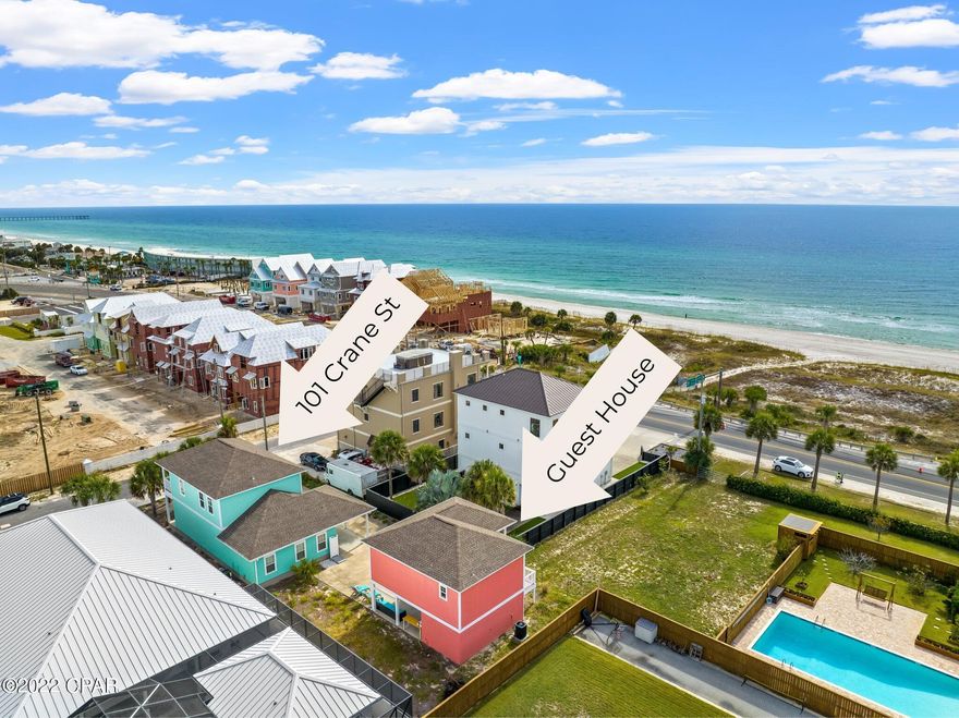 A rare find in the exclusive coastal community of BID-A-WEE just steps to the pearly sand, soothing waves, and gentle ocean breeze of the World's Most Beautiful Beach!  This home has an additional separate guest house!  Boasting it's own dedicated beach access, Bid A Wee has a golf cart friendly, relaxed atmosphere with NO HOME OWNER'S ASSOCIATION.  There are absolutely no homes, high rises or obstructions on the coast in front of this neighborhood- just pristine white quartz sand and forever ocean views. The main home provides ample space for the whole family with 4 bedrooms, 3 1/2 bathrooms and comes fully furnished.  Bunk room comfortably sleeps 6 children.  Master bedroom and bathroom are located downstairs.  3 additional bedrooms upstairs. Private 1 bedroom/1 bath guest house is complete with full kitchen & living room and a large porch overlooking the Gulf of Mexico.  Sit back, relax and enjoy the view.  Under the guest house is a utility garage with tons of storage space for a golf cart & beach gear or could be converted into a game room that opens up to an inviting outdoor entertainment space for family gatherings and BBQs with plenty of room to add a pool.  Complete with outdoor sink and shower.  Both the main house and guest house have been re-caulked/sealed and brand new high end paint including all decking painted and water sealed.  All interior paint has been refreshed.  2 brand new COATED -for beach sun protection- HVAC systems have been installed.  If you are looking for a quiet coastal community on the pristine gulf coast with no HOA, this home is for you!