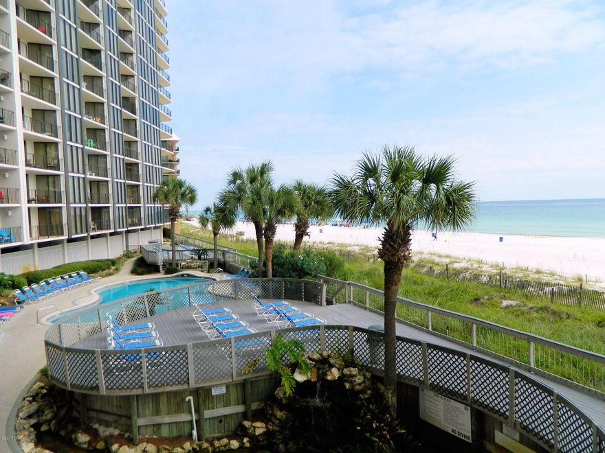 Incredible Resort Condo right on the beach at heated pool! Spacious, Open, Inviting. Private balcony offering an endless seascape. Incredible sunsets out over the pier! Large rooms, full kitchen, furnished. Really livable space that is walkable to shopping, dining, entertainment. Trolley to Pier Park! Enjoy exclusive beachside amenities including tropical pools, hot tubs, sun decks. Restaurant with good food (and room service), poolside bar, pizza shop, market, salon. The Golf Club and Sports Complex is just across the walkover offering unlimited golf, pro shop, massage, gym, tennis, basketball and shuffleboard. Kids Adventure Club with splash pad, climbing course, dive in movies, activities calendar and special events. Owner's Pets Welcome! RV, Boat, Jet Ski parking. Gated entrances.