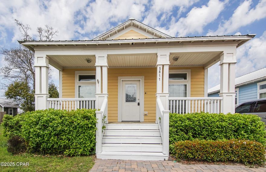 '''CURRENTLY UNDER CONTRACT, SELLER WILL CONSIDER BACKUP OFFERS'''  Welcome Home! This adorable 3-bed, 2-bath home is ready for its next owners! Whether you're looking for the perfect starter home or a cozy downsized retreat, this home offers simplicity, relaxation, and modern comfort.Step inside and prepare to be pleasantly surprised—the soaring 9' ceilings and oversized windows make this home feel so much bigger than the square footage suggests! Natural light pours in, creating a bright and airy space that feels inviting from the moment you walk through the door.The open-concept design is ideal for today's lifestyle, featuring upgrades you'll love, like hardwood floors in main living areas, ceramic tile floors in the kitchen and baths, solid wood Aristocrat cabinets, a stainless steel sink with a water purifier, and  tile backsplashes throughout kitcen.  the laundry room is upgraded with solid wood cabinets  for extra storage and is furnished with washer and dryer.Outside, you'll find low-maintenance living with durable Cemplank siding (Hardie board) and composite wood steps. The easy-to-maintain lot means more time enjoying your home and less time on upkeep.Located less than 10 minutes from Tyndall AFB, this home is in a charming coastal-style neighborhood where you're greeted by brick-paved roads, white picket fences, and a lovely playground and picnic area. Conveniently close to shopping, schools, and restaurants, this home truly has it all. Don't miss your chance to make it yours!