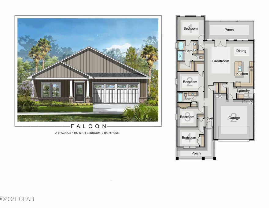 NEW CONSTRUCTION, CAMRYN'S CROSSING II subdivision in Lynn Haven built by Southern Coastal Homes. Interior features if the 4 bedroom home include a large living room that is open to the kitchen and dining area. Kitchen has a large center island, subway tile backsplash, and stainless appliances. French doors lead from the Great room to the large covered patio. Master suite has tray ceiling, double vanity, garden tub, and walk-in closet. This home includes features of the DESIGN BOARD shown in the photos. Cam II offers walking park & playground.

EXTERIOR - This all brick home has a 2-car garage, large covered lanai, covered front porch, fully sodded yard with Rain Bird sprinkler system.

Photos of similar house, not actual house. New photos coming soon.
