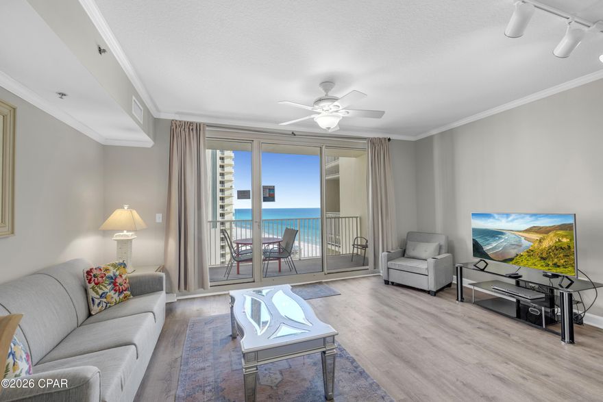 BALCONY REPAIRS COMPLETED - Drive up to the 11th floor and to your own DEEDED parking spot. This ''B'' type floor plan has fantastic balcony views of the pool and views down the coastline of Panama City Beach, Florida! Shores of Panama 1104 is a 2 Bedroom + Bunk area and 3 Bathrooms. The unit conveys fully furnished and rental-ready. Newly painted with new LVP flooring throughout the living areas and tile in the kitchen and bathrooms, new water heater in 2020. Located on the west side of the building on the 11h floor, allows for gulf views from BOTH bedroom windows. 
 
Shores of Panama Resort features the largest Gulf-front lagoon pool in Panama City Beach. This zero-entry tropical pool includes palm-lined islands, fountains, and a spacious hot tub, all set against resort guest exclusive beachfront access. Guests enjoy an indoor heated pool and hot tub, a 24-hour fitness center, and a seasonal poolside Tiki bar. The resort's prime location puts dining, shopping, and attractions within walking distance. Pineapple Willy's is right next door for beachfront dining, and Laketown Wharf, located across the street, offers multiple restaurant options, including The Wharf Buffet, Juan Taco, and LuLu's Bar & Resto. Covered parking, complimentary Wi-Fi, and on-site security enhance the guest experience, making Shores of Panama a sought-after destination for beachfront vacations.

HOA dues are $ 4419.50/quarter.

All information and HOA fees are deemed accurate but should be verified by buyers if important.