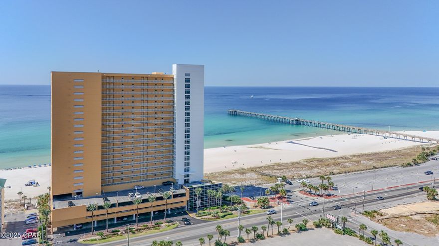 'CURRENTLY UNDER CONTRACT, SELLER WILL CONSIDER BACKUP OFFERS'. 2BR/2BA GULF FRONT CONDO in Sterling Reef with fabulous, unhindered sunset & county pier views.     Gulf front master suite.  2024 Upgrades: New washer/drier, living room & master suite furniture. Custom cabinets, granite counter tops,  stainless appliances, tastefully decorated with neutral paint selections & all tiled flooring.  Sold fully furnished and rental ready.  Amenities: Fitness center with water views, two Gulf front pools, grill area with outdoor seating. Plenty of ground floor Garage parking! Sterling Reef is a low density complex located next to the County Pier, fabulous 4th of July fireworks display off of the county pier.  Perfect for fishing, and just across from Shipwreck Water Park! Walking distance to dining and entertainment!  Just a short drive to Pier Park shopping, entertainment & restaurants.  Easy access to get to the airport.  Don't miss out on this one!!!