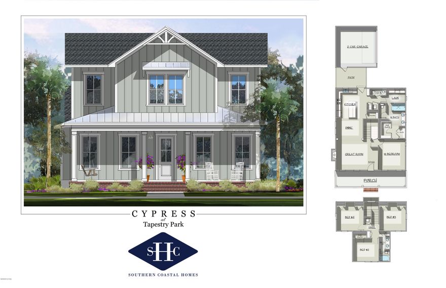 Completion scheduled for Fall 2022.

NEW CONSTRUCTION offered in the brand new Tapestry Park Phase III in Panama City Beach built by Southern Coastal Homes. Homeowners have access to Phase III pool, lighted sidewalks and green spaces as well as access to tennis courts. basketball courts, club house and community pool of subsequent community phases. This 4/2.5 CYPRESS B floorplan is a brand new Southern Contemporary design with old Florida charm and coveted new technology and upgrades. INTERIOR features includes tall ceilings, large volume Great Room with an open floor plan, kitchen with center island, custom cabinetry, walk-in pantry, pot filler and stainless steel appliances. The FIRST FLOOR Master Suite has an expansive tiled shower, double vanity and his and her walk-in closets with direct access to laundry room. The second floor holds 3 well-appointed bedrooms ample storage space.
EXTERIOR features of this home includes Hardie siding with brick accents, 8 ft doors, rear detached garage with covered grilling porch.
Home includes smart lock, tankless gas water heater, energy efficient appliances, dual A/C units and has been expertly designed by our design team.
*Design board elements subject to change based on availability and without notice.*