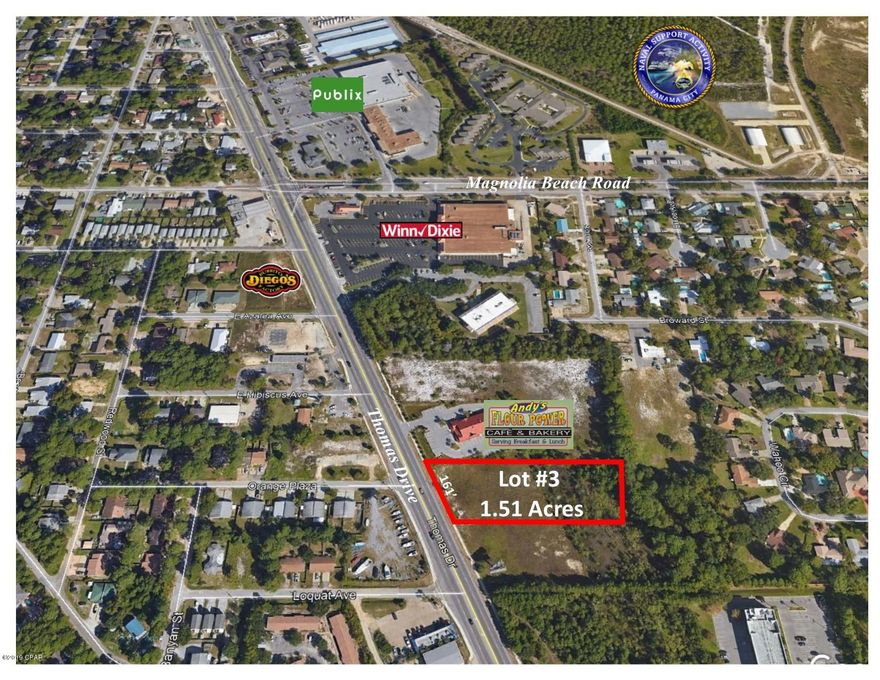 1.51 Acres on Thomas Drive. Zoned C-4 and located in unincorporated Bay County. Excellent location for Restaurant, Office, Hotel, Entertainment, Retail, self-storage and many other uses. Located south of Winn-Dixie and Panama City Beach Office Park and adjacent to, and south of, Andy's Flour Power restaurant. 161 feet on Thomas Drive. Will build-to-suit and lease.