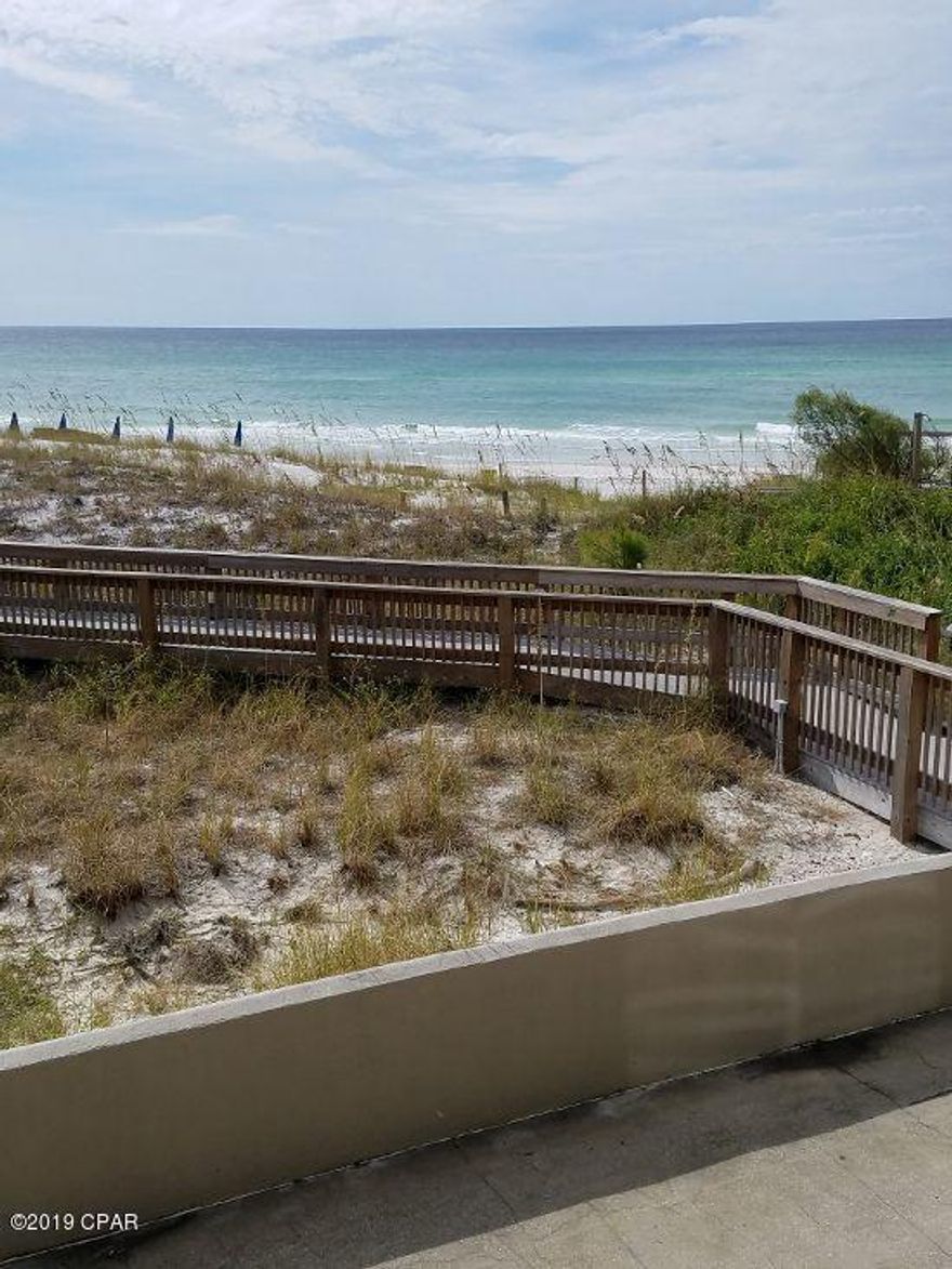 Beautiful 2 BR 2B unit on sought after 1st floor.  No waiting on elevator, one flight down to ground floor.  Gulf front unit with gorgeous views.  Completely furnished including window treatments and kitchen accessories.  Just bring your tooth brush!!