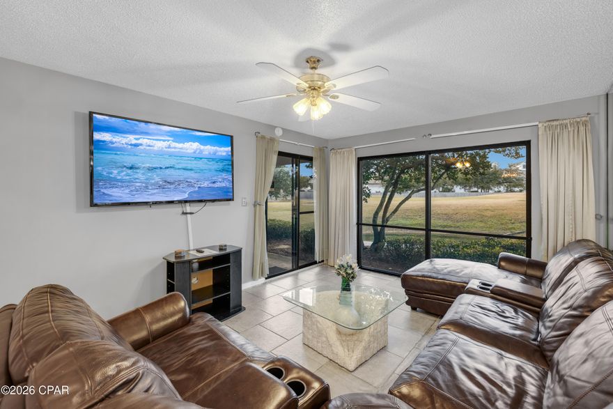 FIRST-FLOOR GOLF COURSE FRONTAGE | HOLE 3 FAIRWAY & GREEN VIEWS | TWO FULL BATHS | Edgewater Golf Villas Unit 2005 is a first-floor, ground-level residence within Edgewater Beach and Golf Resort in Panama City Beach, Florida, positioned directly along Hole 3 of the resort's golf course. This one-bedroom, two-full-bathroom condo offers clear views of the third fairway and green, visible from the living area, the bedroom, and the back porch. The ground-level layout provides immediate access to the outdoor space just beyond the back door, creating a seamless connection to the golf course landscape and the pond that borders Hole 3. New HVAC in 2020 and new water heater in 2023. Both the living room and the bedroom feature sliding glass doors oriented toward the fairway, allowing natural light and open sightlines across the course. One of Edgewater's eleven pools is located nearby, offering convenient access while the Golf Villas section maintains a quieter, more residential atmosphere within the larger resort. Owners and guests enjoy full access to the extensive amenities of Edgewater Beach and Golf Resort while benefiting from the more relaxed positioning of the Golf Villas. This residence combines golf course frontage, pond views, and resort access in one of the most established communities in Panama City Beach, Florida. Sold Fully Furnished. Edgewater Beach and Golf Resort Complex is pet friendly and offers several amenities including FREE GOLF at a Par-3 executive 9-hole golf course plus full pro shop and equipment rental available. 11-Pools (all seasonally heated with the exception of the main pool), 6 reflecting ponds, 4 whirlpool spas and a Polynesian-style lagoon pool, which offers an open free-form surface area and elaborate system of waterfalls and islands within the pool itself, sun decks, beach access, restaurant, room service, salon, spa services, poolside bar, tram rides available to the beach. Over 5 dining options including private Gulf-front dining at Ocean's Bar and Grill, Starbucks Coffee Shop, Pizza shop, Blender's frozen drinks and Edgie's Corner Market Ocean's Bar & Grill that also offers ice cream shop, kids club features special events, splash pad, activities calendar. All Information is deemed to be reliable, but is not guaranteed, buyer to verify if important.