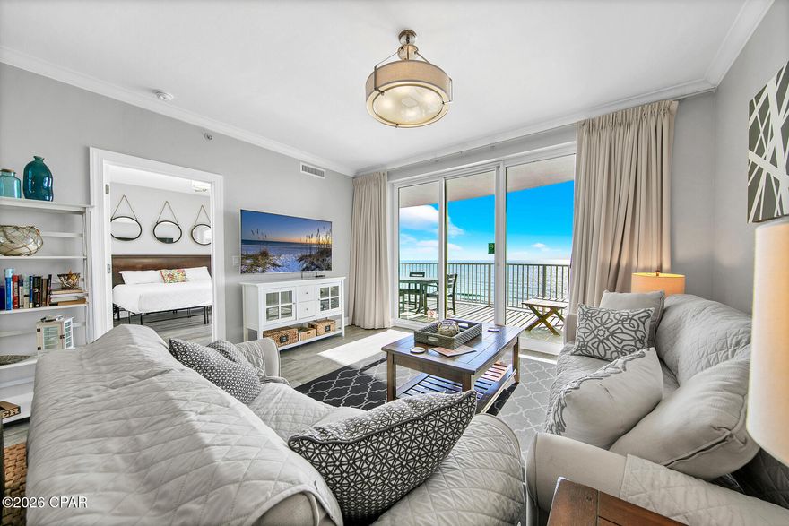 Escape to your Gulf-front paradise at Twin Palms, a luxurious gated community with direct beach access and stunning sunset views. This 2BR/2BA condo has been totally renovated floor to ceiling, including stainless steel appliances, modern tile, and new countertops. The extra-large curved balcony offers breathtaking views of the Gulf of Mexico, while the master suite features sliding glass doors leading to your private outdoor oasis. Enjoy resort-style amenities like a gulf-front pool, fitness center, sauna, and proximity to Pier Park shopping and fine dining. Includes assigned parking and owner storage right outside your door, this condo is perfectly situated for a relaxing family vacation, just a short walk from local restaurants and entertainment.