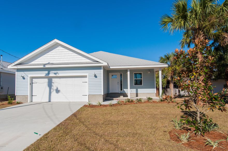 ''CURRENTLY UNDER CONTRACT, SELLER ACCEPTING BACKUP OFFERS'' New construction in an amazing South Lagoon location! Just off Grand Lagoon and walking distance to Public Beach Access #3!  Hop in your golf cart for a short ride to Schooners, Patches, Sisters of the Sea, and the Grand Lagoon marinas!  Walking into this warm and inviting home, you will love the efficient, open floor plan by Fineline Home Design.  The first thing to catch your eye is the beautiful luxury vinyl plank floors that are warm and soft underfoot, yet super durable. The vaulted ceilings give an airy feel, the recessed LED lighting saves energy and lasts forever, and the custom designer colors will make you smile!  The lovely and functional kitchen is a chef's delight with Stainless Steel appliances, white shaker soft-cl back splash. The spacious master bedroom has treyed ceilings and a huge walk in closet, and the master bath has double vanities with a floor-to-ceiling tiled shower!  Top that with a full sized two car garage with automatic wi-fi enabled opener and decked overhead attic storage. A spacious covered back patio is perfect for grilling and entertaining. The oversized 75x100 lot has a large side yard on the right with several mature palm trees, and there is even room for a pool! Construction should be complete by December 15 and this house will not last long, call today!