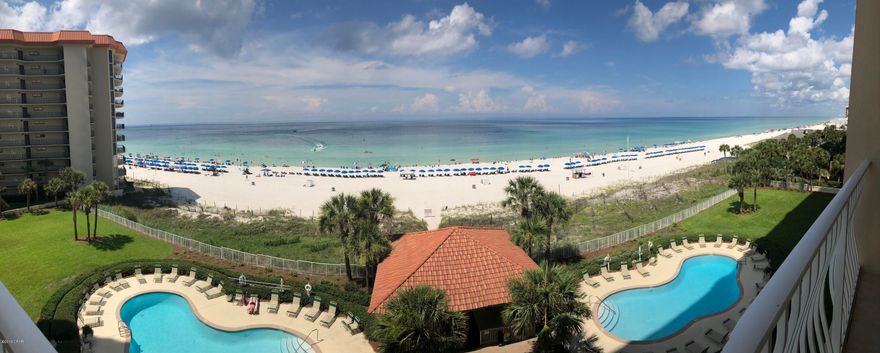 Coral Reef is a much sought after first class family resort, with its pristine views of the emerald green waters of the Gulf, with proximity to everything Panama City Beach has to offer (shopping, dining, entertainment and more) 2-bdrm 2-bth unit has large bedrooms and a big kitchen, with a balcony for enjoying the views of the early morning dolphins and relaxing evenings with breath-taking sunsets. Fully furnished and move in ready or set up for rental investor. The family-oriented location property has 2 large pools (one heated), a covered drive up entrance for unloading. 9foot ceilings with sprinkler system, beautifully landscaped with plenty of green space for owner's and guest to enjoy, BBQ grills, a gulf side gazebo, a fitness center and an owner lounge. ''Paradise Awaits''