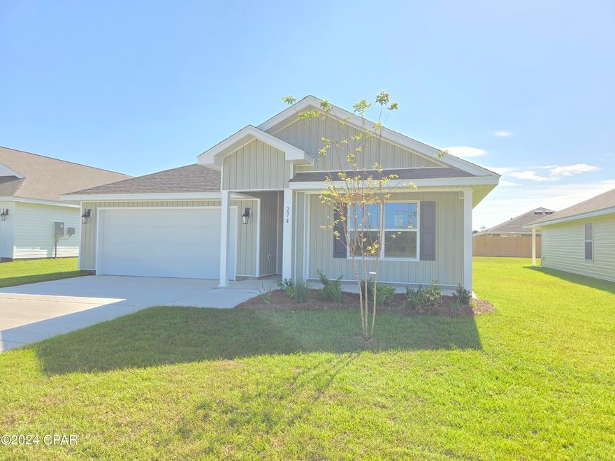 Come see our new home at 274 Lawton Branch located at Park Place in Panama City, Florida.

As you enter this 4 bedroom, 2 bath home, you will see 1,799 square feet of spacious living. Inside you will see 8' ceilings throughout, The kitchen has a large center island and includes stainless-steel appliances, a smooth top range, microwave, and dishwasher. This home was designed with an open concept floor plan. Interior features include LPV flooring in all common and wet areas, quartz countertops, and carpet in each bedroom. This home has a Smart Home technology package that includes a Qolsys touch panel that can be integrated to control your lighting, thermostat and even secure your home with a single touch. Park Place is Less than 10 miles to Tyndall Air Force Base, making it our closest neighborhood to the base. It also features a community pool and bath house as well as a playground. It is located only 18 miles to the beautiful white sand beaches of Panama City Beach and 10 miles to the business and shopping district of Panama City, 23rd Street and Historical Panama City. Park Place is close to great schools in the area and only 23 miles from the quiet, well visited Mexico Beach, Florida.