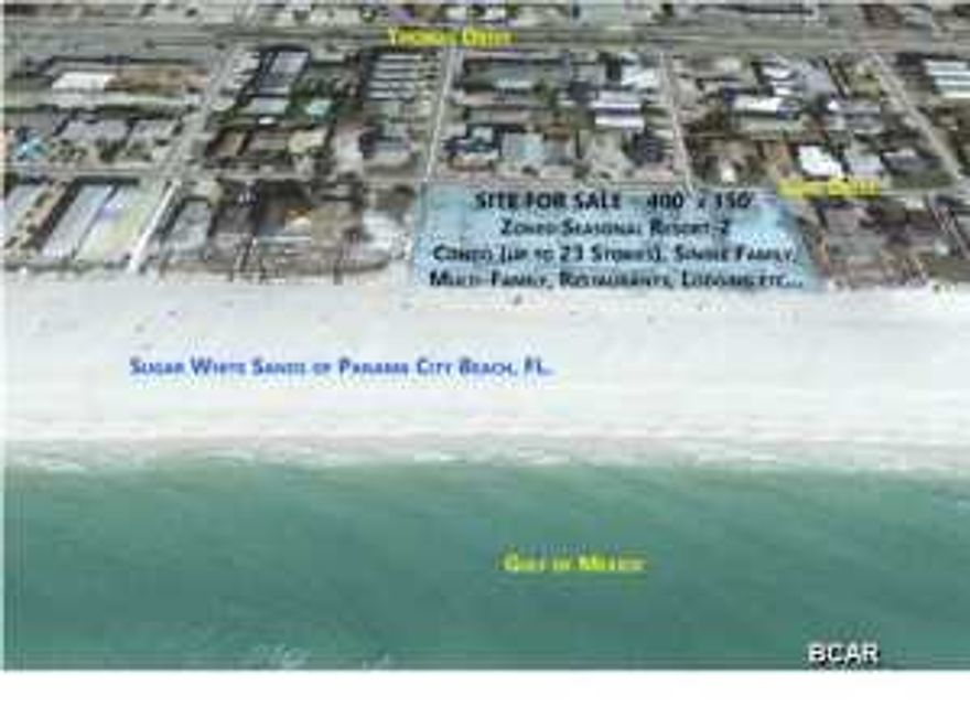 400 ft. of pristine GULF FRONT commercial property. Parcel is 150ft. deep. This property is zoned Seasonal Resort 2. Please see attachment for Bay County Land Development Regulations for allowable uses. This property can accomodate many possibilities from low rise to high rise condos and or multi family units, motel/hotel developments or 10-12 single family homesites. Let your imagination become a reality. Call to discuss.