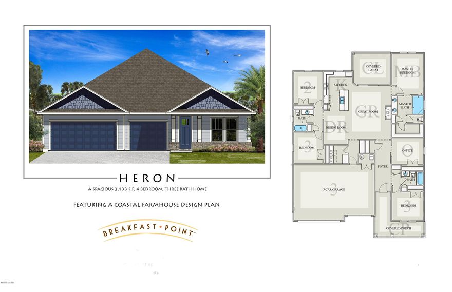 NEW CONSTRUCTION HERON MODEL HOME-located in Panama City Beach's desired Breakfast Point subdivision built by Southern Coastal Homes-Offering quick easy access to the white sandy beaches of the Gulf of Mexico, Publix anchored shopping center, Breakfast Point Academy-Rated A (walking distance)and the famous Pier Park. INTERIOR features of this coastal inspired home offers a private grand Foyer entrance, large volume Great Room with an open floor plan, kitchen with center island, custom cabinetry with soft close drawers and stainless steel appliances,Master Suite with tray ceiling, expansive tiled shower, double vanity and large walk-in closet. Three more guest Bedrooms with access to full baths plus an Office/5th additional Bedroom, Dining Room and Laundry Room... EXTERIOR: This HERON PLATINUM home features a 3 car garage, covered lanai, covered front porch, fully sodded yard with Rain Bird sprinkler system. This home is a GOLD PACKAGE with upgraded finishes including luxury vinyl plank flooring, granite counter tops, stainless steel sink, tile Kitchen back splash, Moen plumbing fixtures, Whirlpool "Gourmet Kitchen" appliances and much more. See the GOLD STANDARD FEATURES LIST, PLATINUM PACKAGE LIST, included DIAMOND ADDITION items and finish board in the document section of this listing.