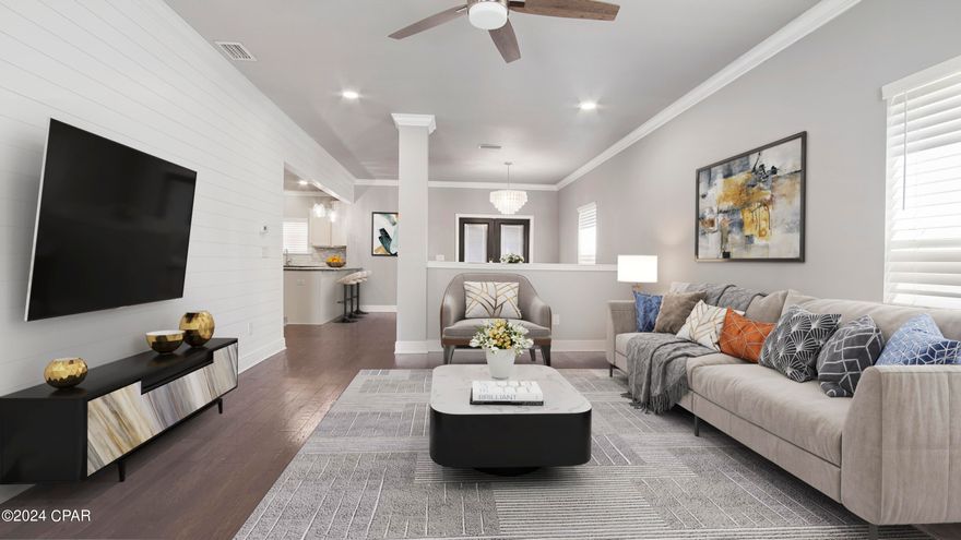 Back on the market after buyer financing fell thru! Don't let this one get away again. Welcome to Magnolia Bay Club, a beautiful gated community beside the serene St. Andrews Bay. This recently updated 3 bedroom, 2.5 bath home offers an exquisite blend of modern elegance and comfortable living. Experience seamless living with an open floor plan that perfectly connects the living, dining and kitchen areas, ideal for entertaining and daily family life. Beautiful hardwood floors flow throughout the home, adding warmth and sophistication. Enjoy charming shiplap accents and oversized crown molding that enhance the home's character and elegance. The kitchen features granite countertops, stainless steel appliances, tile backsplash, a gas range, and a pantry. Modern updates include new lighting and ceiling fans throughout the home, along with a tankless water heater for endless hot water. The master bedroom provides a tranquil retreat with a covered balcony,  perfect for enjoying morning coffee or evening relaxation. A large, welcoming front porch provides a perfect spot for relaxing and enjoying the beautiful surroundings. Ample storage and closet space are available, including outdoor storage for all of your beach gear.  Community amenities include a beautiful, bayfront resort-style pool, a dock, a fitness center, and a scenic pathway along the bay. The HOA fees also cover lawn maintenance, water for irrigation, and trash disposal providing a hassle-free living experience. Conveniently located near marinas, St. Andrews State Park, two grocery stores, local restaurants, antique boutiques and the navy base. This home is a perfect blend of luxury and convenience in a beautiful, sought-after location. Seller ALSO has a low-interest Assumable Mortgage! Don't miss the opportunity to make it yours! Schedule a showing today and experience the exceptional lifestyle Magnolia Bay Club has to offer.