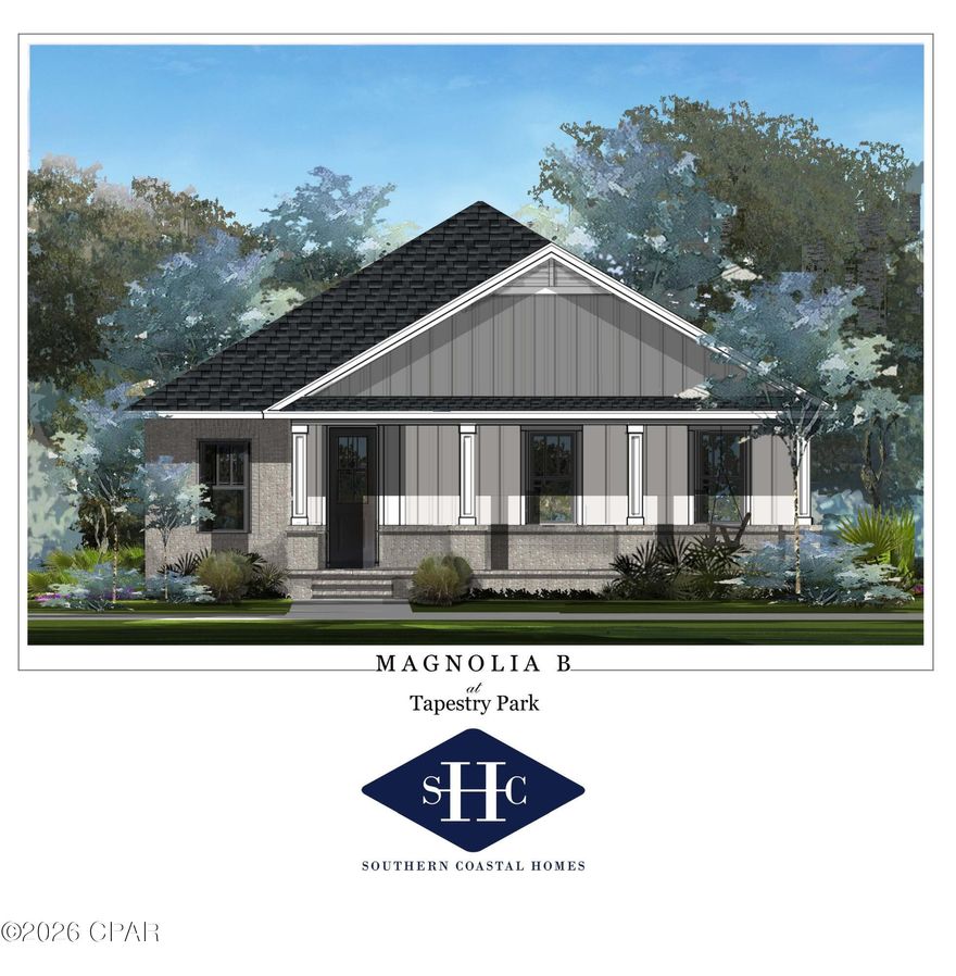 NEW CONSTRUCTION offered in the brand new Tapestry Park Phase III in Panama City Beach built by Southern Coastal Homes. Homeowners have access to two community pools, lighted sidewalks and green spaces as well as access to tennis courts, basketball courts, and club house. This 4/2 MAGNOLIA floorplan is a brand new Southern Contemporary design with old Florida charm and coveted new technology and upgrades. INTERIOR features grand foyer, large volume Great Room with tray ceiling, mud room at rear entrance, kitchen with center island, custom cabinetry, pantry, and stainless steel appliances. The split bedroom floorplan also has three additional bedrooms with lots of natural light and storage.