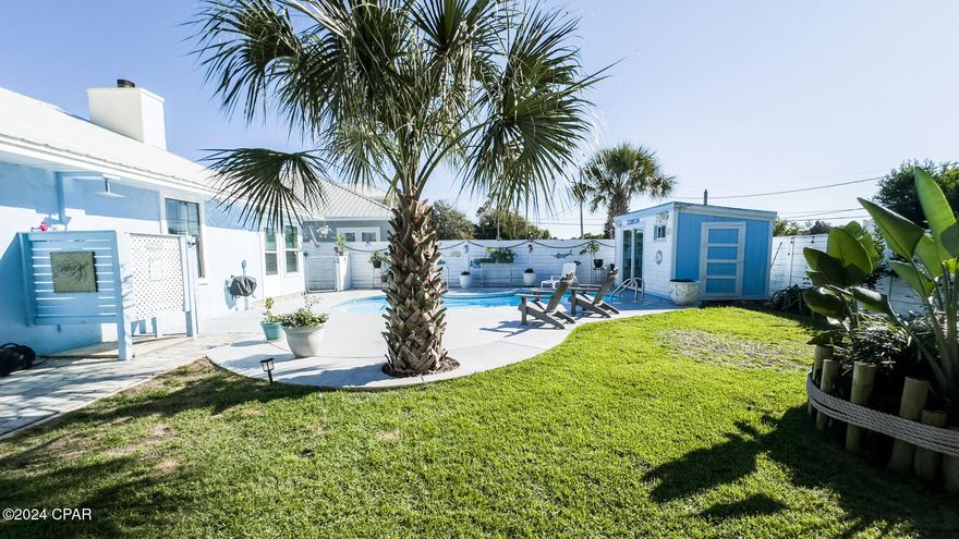 Unbelievable price close to the beach!  POOL!  West end MOVE IN READY, IMMEDIATE OCCUPANCY, AND PRICED TO SELL!  So close to the beach and NO HOA fee!  WEST END ,  JUST JUMP IN YOUR GOLF CART AND GO TO THE BEACH!  THIS IS A MUST SEE!  Step into this beautiful remodeled home with comfort, style & so many upgrades.  Just a quick 3 minute golf cart ride takes you to the sandy white beaches, or you can unwind in your swimming pool right at home.    Upon entering the home you will immediately notice the attractive porcelain tile which is definitely an eye catching feature.  The modernized kitchen boasts newer features such as cabinetry, impressive quartz counter tops and a coordinating backsplash.  The sleek newer appliances along with a contemporary design are perfect for both cooking & entertaining.  You will also find a new water heater.  The home is thoughtfully equipped with a culligan water softener system, a modern nest thermostat and also a ring door bell bringing convenience and peace of mind.  Just off the kitchen is the living area featuring a soaring ceiling that creates an open feel complemented by warm blue tones and again the elegant porcelain tile flooring.  All three bedrooms have newer carpet adding warmth & comfort.  A cozy sunroom with all new windows invites natural light creating the perfect spot to relax.  Stepping out of the sunroom you'll discover a beautifully landscaped backyard retreat featuring an all new painted swimming pool and you will love the new energy efficient pump and filter too.  An outdoor shower was installed for your convenience. ALL NEW WINDOWS  have been installed.  Notice the attractive man cave/she shed that has been reinforced and has an attached shed for extra storage.  The front yard is picture perfect and has a spacious driveway for extra vehicles or boat parking.  The freshly painted exterior has a soothing coastal finish adding to the homes charm.  The property includes a sprinkler system & two separate water meters for efficient lawn care.  Just 5 minutes to Pier Park, the new Dolly Parton Pirates Voyage Dinner Theater, the exciting Top Golf dining and more, it is an unbeatable location! Note: .  DON'T FORGET THE BEACH IS SO CLOSE!  Welcome home!  You won't be disappointed. NO SHORT TERM RENTALS ALLOWED.
