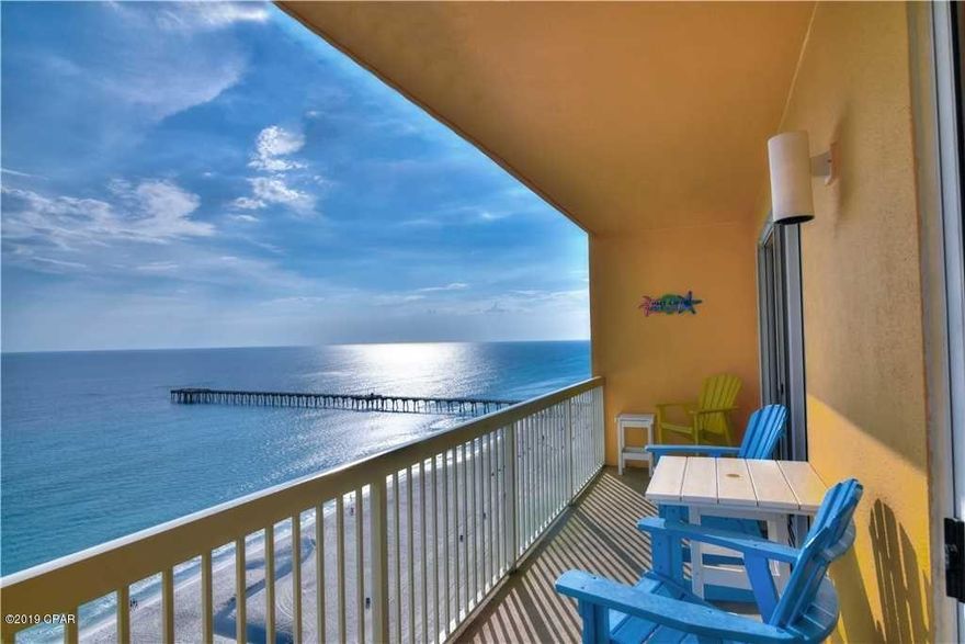 CURRENTLY UNDER CONTRACT, SELLER ACCEPTING BACKUP OFFERS -  Calypso is the most popular gulf front resort located on P C Beach! Located just steps to Pier Park which is Panama City Beach's largest outdoor shopping, dining and entertainment center. This adorable 2 bedroom, 2 bath plus bunk room has been very well maintained. The master bedroom features a king size bed, private bath, garden tub and separate shower, dual sinks with black granite. The master sliding glass doors open right out to the balcony with gorgeous beach views. The second bedroom has adorable coastal cottage furnishings with queen-size bed, private bath and a window which provides extra lightin and dryer, owners closet Fully stocked kitchen with new stainless steel appliances and a separate bar area with sink and cabinet. This condo is located in the Prime area close to Pier Park, 2 incredible large 172' free form tropical pools with lush landscaping. One pool is heated year round. The Tiki bar is between both pools offering cool drinks, relax and a great place to meet new friends. Great onsite fitness center, jet ski rentals, para-sailing, paddle boards plus lots of other activities available. Approx 15 minues to ECP Airport! All data and dimensions to be verified by buyer.