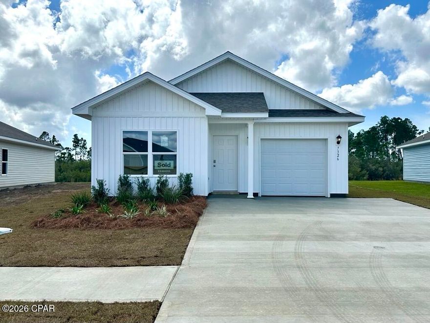 Welcome to the Poppy, a new plan located at Liberty in Panama City, Florida. The Poppy is a spacious 3-bedroom, 2-bathroom home spanning 1,281 square feet and features a single car garage. As you walk inside, you will be welcomed by the Engineered Vinyl Plank flooring which spans the main areas and bathrooms with soft carpet in the bedrooms. Upon entering, the front entrance is met with a long hallway next to the bedrooms and full bathroom next to the garage. Walking down the hallway, you'll find the natural light pouring into the open kitchen and living area, offering ample space for all your needs.

The Primary bedroom is conveniently located off the living area, providing a private retreat at the back of the home, complete with a bathroom and walk-in closet. The kitchen comes with an island for extra counter space, and you'll find stylish granite countertops in the kitchen and bathrooms seated on beautiful white cabinetry. Your new home also comes with our Smart Home Technology package, designed to elevate your living experience with elegance and modernity. This package offers unparalleled convenience, giving you effortless control over key features such as lighting automation, an IQ panel, a video doorbell, keyless front door entry, and temperature control from your smartphone.

On the outside of this popular plan, you will see durable vinyl siding, a rear patio to enjoy the spacious back yard. Sidewalks line the neighborhood streets for you to enjoy the beautiful Florida weather. Our Liberty community features underground utilities making it less susceptible to damage from severe weather leading to fewer outages and more reliable service. Residents of Liberty can enjoy exclusive access to two amenity centers, complete with two pools, a children's splash pad, two playgrounds for endless fun, a well-equipped fitness center, two pickleball courts and a basketball court to name a few things. To learn more about this home for yourself, call us to get connected today!