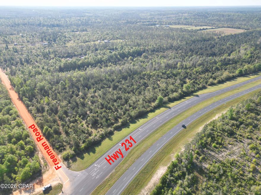 This is an incredible opportunity to own 43 +/- acres of prime property in the heart of Northwest Florida. Currently zoned for agricultural use, this land offers the flexibility to be easily converted to commercial zoning, maximizing its potential in a strategic location.

Situated at the corner of Hwy 231 and Freeman Road, with .43 miles of valuable road frontage, this expansive tract presents numerous possibilities for large-scale projects or can be developed as a fantastic homesite or family compound. 

Whether you're looking to launch your own business or create a family retreat, this property is the perfect choice. With its vast size and versatile zoning options, there are ample opportunities for both investors and developers.

Don't miss out on this remarkable offering! Contact us today for more information and to schedule your private showing!
Additional information:
*Offers numerous business and investment opportunities
*Less than .4 miles from the Bay County line
*Hwy 20:  9 miles
*Panama City Beach International Airport: 38 miles
*Panama City: 23 miles
*Panama City Beach:  40 miles