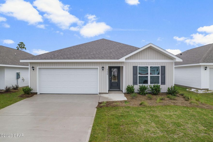 Upon entering the Aldridge floorplan you immediately notice the bright entry way afforded by the prairie door.  This 3 bedroom 2 bath, 1272 square foot home is an open floorplan.  The primary bedroom and bathroom are located off the entry at the front of the home.  The primary bathroom has double sink vanity, large shower, and a huge closet.  Proceed down the entry hallway passing the laundry area as you enter into the kitchen, dining, and family area.  The kitchen offers an island with space for bar seating.  On the opposite side of the home from the primary bedroom upfront, there are two spacious secondary bedrooms separated by another bathroom making this home a true split floorplan.
 Liberty neighborhood is conveniently located in beautiful Panama City off Star Avenue near 231. Located just 25 minutes from Tyndall Airforce Base, 20 minutes to hospitals, and less than 15 minutes to shopping, restaurants, and grocery stores you will be amazed at the convenience once you enter the winding entrance to this beautiful sanctuary. Liberty, D.R. Horton's premier new lifestyle community, offers a 7,500 square foot community center with full gym, wellness rooms and much more. Additionally, behind the community center is a water wonderland with resort style pool, splash pads, and an outdoor grilling kitchen with seating.