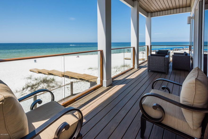 Gulf-front….NEW CONSTRUCTION COMPLETE, with strong rental projections.  You will be impressed with this finely appointed home just completed in April, 2016.  Rest at ease with a new home built to the latest codes with 150 MPH impact glass, Hardi-board siding, and metal roof.  Make this your next investment property or second home with 5 bedrooms, 5 baths, including 2 additional half baths for a total of 3,243 Sq. Ft. heated and clouded space.  This Gulf-front home is on the west end of Panama City Beach, very close to Rosemary, and all the 30A happenings.  No need to pay Rosemary prices to own something special.  Builder thought out every detail, maximizing the views by using glass panels for screening which wraps around the decks and Gulf-front pool. Interior dÃ©cor hosts a coastal, yet contemporary feel with a neutral pallet with splashes of coastal colors though out to compliment the simulated wood plank tile floors, white cabinets and natural stone counter tops.  Layout of the property flows nicely.  Ground level entry foyer with a half bath is just steps from the cabana area, pool and covered parking pad.  Make your way upstairs to the spacious second level open-concept area where all your guest can mingle and enjoy the gulf views from any room; living, dining, or kitchen area.  Make use of the extended entertaining space with large covered decks for all those sunrise and sunset gatherings.  Home sleeps 18 with one bedroom on the second level and the remaining bedrooms on the third level, including the Gulf-front master with en suite bath.  Why go through the 2 year hassle and wait to build something new when this home has it all.  It's very close to 30A, yet you will pay less than half the price for the property on 30A.  Location is close to restaurants, and shopping in Pier Park.  Make time to see this piece of "Paradise".  Don't miss the video tour under the photos button.  Home directly west is for sale also, #758524.  Combined homes for the investor's dream come true with 11 bedrooms, 11 baths, 4 half baths, and 2 pools.  Buyer to verify any and all information important to buyer.