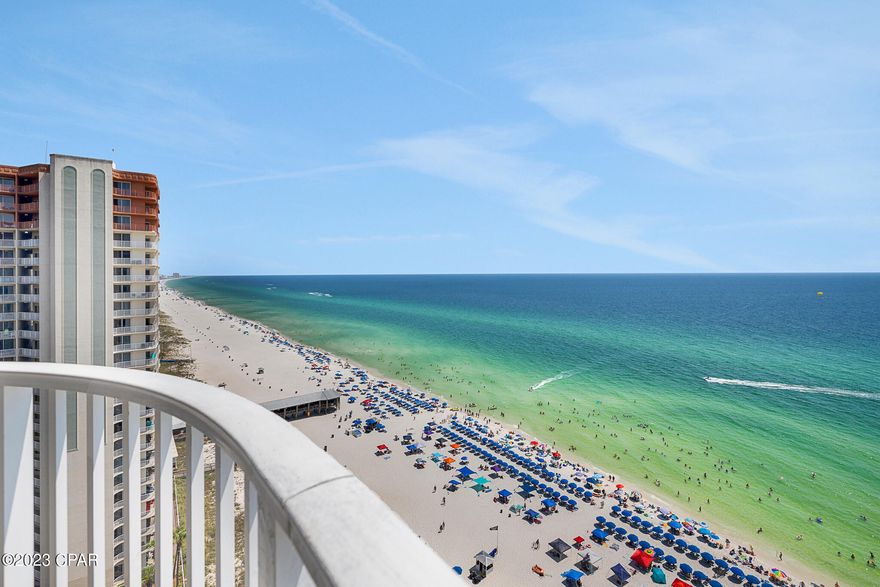 SUPER RARE Optional 1st floor deeded oversized parking space available for an additional $45,000. Almost as rare to see for sale is the unit itself with an ''E'' type floor plan with wrap-around balcony providing views of the pool and phenomenal views down the coastline of Panama City Beach, Florida! Units in this stack are seeing up to $75,000 in gross rental numbers in 2023!
 
One of a kind due to its pristine condition as it's NEVER been on the rental market, but lived full time since day one by the seller. Equipped with a storm door at entry, and storm rated balcony doors that glide effortlessly. Inside you will find the custom cabinetry in the kitchen maximizes storage space with a touch of glamor in addition to the granite countertops and stainless steel appliances. Shores of Panama 1803 has a bunk room with a glass door providing privacy while allowing plenty of natural light into the room. This unit conveys fully furnished and rental ready for the new owner with the exception of a few personal items and select art pieces.
 
Shores of Panama Resort Condominiums are world-renowned for their massive resort-style lagoon pool complete with hot tub and Tiki bars. Other amenities include an indoor heated pool, spa, fitness center, sauna, steam room, and in-resort shopping. All information and HOA Fees are deemed correct, buyers should verify if they are important.