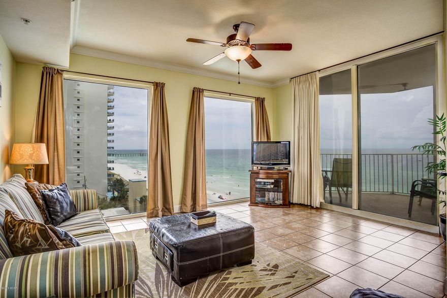 Check out the views from Tidewater 718! This is a one of a kind, unique 1 bedroom floor plan with floor to ceiling windows and views from almost ever angle. Tidewater 718 features hall bunks and sleeps 6 comfortably. This unit is being sold fully furnished and will be a great investment condo, 2nd home or primary home for someone. Tidewater is hands down one of the best buildings on the beach. Tidewater features amenities such as a Gulf front gym, 4 hot tubs, 2 outdoor pools, 1 indoor heated pool, game room, saunas, steam rooms, a restaurant, poolside Tiki bar, a convenience store, movie theater, covered parking, a conference room & an owners lounge. This is truly a great buy in the market and shouldn't last long! Whether you are looking for a private beach escape or a condo with tremendous rental potential you've found what you are looking for at one of the premier resort developments on Panama City Beach in Tidewater.