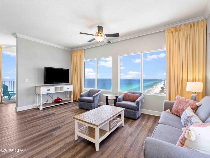 *MOTIVATED SELLERS* This fully furnished, turn-key 28th-floor condo at Tidewater Beach Resort delivers the kind of views people come to Panama City Beach for. Facing west, you'll catch stunning sunsets over the emerald Gulf waters—visible not just from your private balcony, but also from the living room and kitchen thanks to the wall of windows.
The 2-bedroom, 2-bathroom layout features luxury vinyl plank flooring throughout, granite countertops, stainless steel appliances, and an in-unit washer and dryer. Bedroom windows offer views of the city skyline, bringing in plenty of natural light.
It's a solid setup for short-term rental income or a low-maintenance beach getaway. HVAC replaced in 2021, water heater in 2019.

Tidewater Beach Resort offers an impressive list of amenities: two outdoor pools, a heated indoor pool, four hot tubs, a Gulf-front fitness center with Roman spas and saunas, a movie theater, on-site restaurant, tiki bar, game room, and beach store. Owners also enjoy complimentary professional beach setup with two chairs and an umbrella—making every beach day easy and comfortable. The parking garage is located across the street, with a covered skywalk that connects directly to the main building for added convenience. The 30th-floor owner's lounge delivers some of the most breathtaking panoramic views in Panama City Beach. Located just steps from Pier Park, restaurants, and entertainment, and only 20 minutes from the airport, the resort offers both convenience and luxury. All listing information is deemed reliable but should be verified by buyers if important.