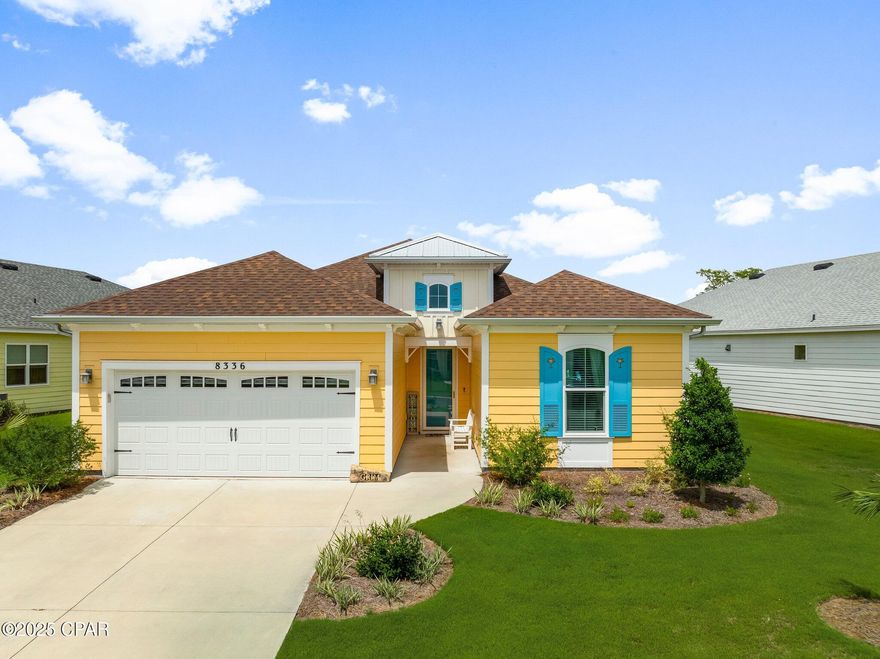 Beautiful Preserve location and around the corner from the new Publix Grocery Store presently underway and shopping!  Welcome to your dream home in Latitude Margaritaville Watersound!  Nestled in a vibrant 55-plus community, this stunning Landshark address offers you the perfect blend of beauty and convenience.  Move-in ready and ideally located close to all the top-tier amenities, this sought after Coconut model features two bedrooms, two baths, and a versatile flex room.  Enjoy the elegance of 8' doors & vaulted ceilings, The open floor plan is accentuated by beautiful 42'' Admiral Blue custom cabinets, soft close drawers, under counter lighting and custom quartz counter tops and backsplash along with appealing stainless steal appliances.  The baths, laundry, and flex room have granite counter tops.  The front bedroom doubles as an office with a convenient Murphy bed for guests, and the flex space is perfect for entertaining, complete with extra cabinets and a wine/beverage fridge.  Even more cabinets are located in the laundry room for extra  storage.  The spacious master suite boasts double vanities, an impressive shower you won't believe, and a well appointed closet.  More upgrades include hurricane impact windows and doors, slider doors opening to an extended screened lanai with pavers, a perfect view of the preserve and great for entertaining or just relaxing in your personal hot tub.  Next, step into the garage.  Epoxy flooring has been added giving even more value to the home.  For extra storage you will find metal ceiling racks and an attic.  The front door has a storm door and a ring bell.  HOA fees cover landscapng and lawn care.  Beyond the home, indulge in the resort-style amenities such as a two story full service bar & restaurant and island style pool overlooking the Intracoastal Waterway.  There is live music daily by the pool and various fantastic weekend bands at the Town Center.  Stay active!  Enjoy the fitness center, pickleball courts, tennis courts as well as the walking and biking trails through scenic preserves, the Dog park, woodworking shop, ceramic studio, and theater. The golf cart-friendly streets connect the entire community. Future commercial area will include a Publix grocery store, dining and shopping. A public marina is also planned.  Margaritaville is 5 miles from an emergency care facility with a medical office building.  A hospital is presently under construction and  will be completed in 2027 and don't forget it's just 7 miles to the beautiful white sandy beaches. ECP International Airport is 10 minutes away too.  Change your latitude today and embrace the ultimate lifestyle.