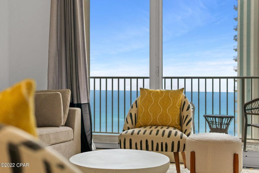 COMPLETELY UPGRADED AND UPDATED. Take in peaceful, elevated water views in this luxurious Shores of Panama Condo. This highly desirable rarely available open concept C Plan offers a spacious living room and master en-suite with direct pool and GULF VIEWS from both, and a private bunk-room that can serve as a second bedroom. Residents and guests of Shores of Panama enjoy unparalleled resort-style amenities. Turnkey and ready to rent. The unit comes with a dedicated parking spot. Shores of Panama is a 23 story Tuscany style condo of Gulf front luxury accommodations with unparalleled amenities such as 500' Gulf frontage, lagoon style outdoor pool, heated indoor pool, hot tub, sauna, exercise room & 24 hour security. Schedule now!