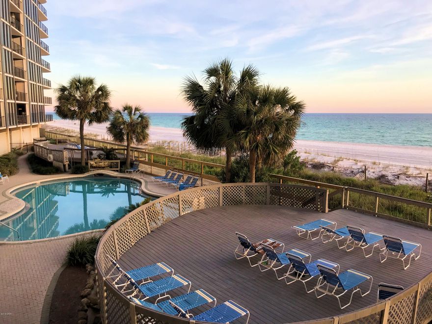 Available to tour immediately // Immerse yourself in refreshing beachfront living! Imagine endless seascapes, breezes and sunsets! This condo for sale has the popular Gulf-Front Master bedroom and spacious rooms. Fully furnished and rental ready so income can offset ownership expenses. Owner's Pets Welcome! Enjoy tropical pools, hot tubs, sun decks. Restaurant, room service, poolside bar, pizza shop, market. The Golf & Sports Club is just across the walkover offering unlimited golf, pro shop, gym, tennis, basketball, shuffleboard. Spa services available. Kids Adventure Club with splash pad, dive-in movies, activities calendar, special events. RV, Boat, Jet Ski parking. Onsite tram service. Gated entrances, Security. Walkable to shopping, dining, entertainment. On trolley line to Pier Park.