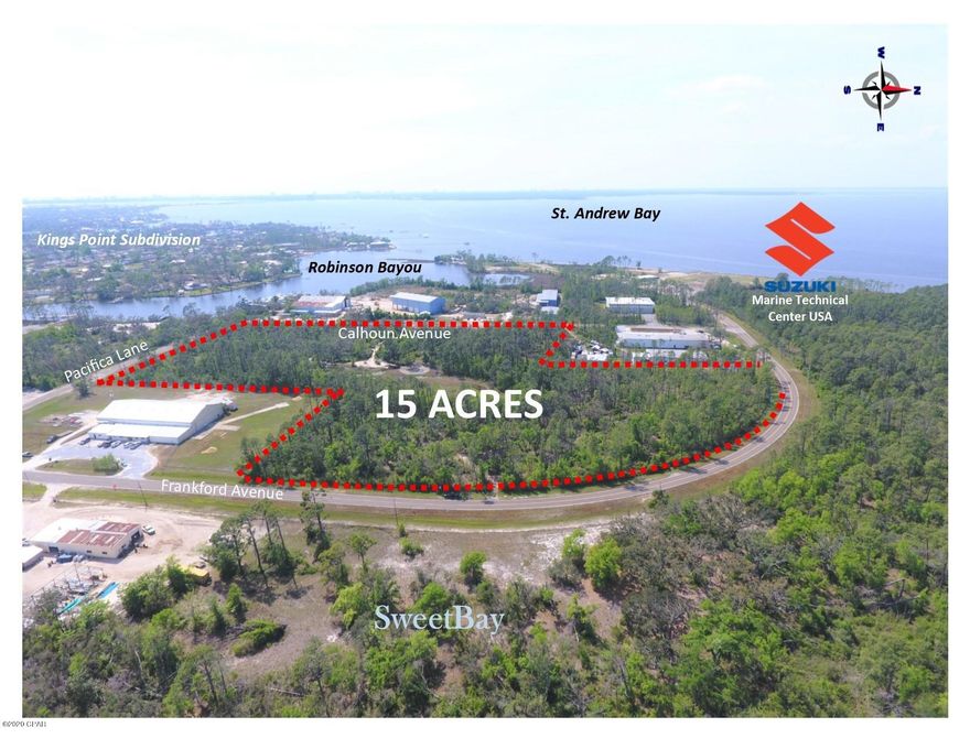 15  acre site located at the North-end of Frankford Avenue in Panama City, between Sweet Bay to the east and the established neighborhoods of Kings Point and Kings Harbor across Robinson Bayou. The property was recently re-zoned to MIxed-Use 3 (MU3), which allows up to 20 units per acre (#300 units) within the City of Panama City.  The conceptual site plans attached include 150 unit townhome developments. The site is located across the street from Phase 2 and 3, and future marina, of the Sweet Bay community and University Academy, a top ranking K-8  free public charter school. Recent area announcements include a new Suzuki Marine Technical Center to be built at the north-end of Frankford Avenue on St. Andrew Bay as well as within Sweet Bay an 11 acre marina and commercial town center