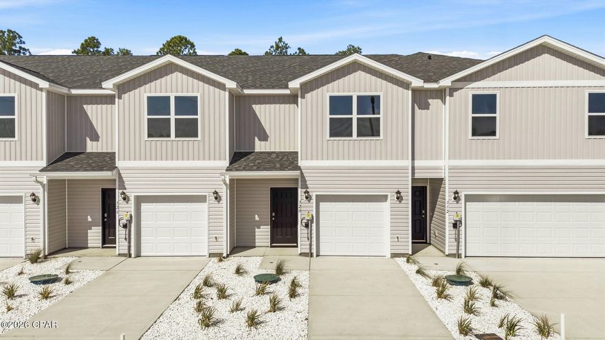 Welcome to the Sabal plan, a new home at Chateau Nemours located on the edge of Port Saint Joe, Florida. This Sabal Townhome floor plan is an interior unit. These thoughtfully designed townhomes offer 3 bedrooms and 2.5 bathrooms with a 1-car garage. On the outside of these units, you will see quality vinyl siding exteriors, steel garage doors equipped with openers, weatherproof outlets, hose bibs, and Kwikset deadbolts on all exterior doors. As you enter inside, you will feel right at home with beautiful EVP flooring at your feet, leading you to the open living room and kitchen or the spacious upstairs. In the kitchen and bathroom, you will find gorgeous granite countertops, white cabinets with brushed nickel hardware, and stainless-steel appliances in the kitchen. Stay cool during the summers with energy-efficient cooling and heating systems, Low-E insulated windows with screens, and water-saving elongated toilets. For added security, every home comes equipped with Smart Home Technology, including a Safe Haven Surveillance system, Skybell doorbell, Honeywell thermostat, and DEAKO Smart Switches. Rest assured with a one-year builder's warranty from D.R. Horton and a ten-year structural warranty through RWC. Located just 3 miles from Port Saint Joe, you will find all that this popular town has to offer in including shopping and local restaurants close by. Chateau Nemours is located just 11 miles to the exotic Cape San Blas peninsula where you'll find peace and quiet to enjoy a sunny day at the beach or get some fishing in at Indian Pass. The main feature of Chateau Nemours is the historic building that was relocated from another part of town and is now being remodeled into a luxurious restaurant. These townhomes are right around the corner from it as well as the community pool. This community will be one of the most talked about communities in the area. To learn more about Chateau Nemours, get connected with us today and see what this community is all about.